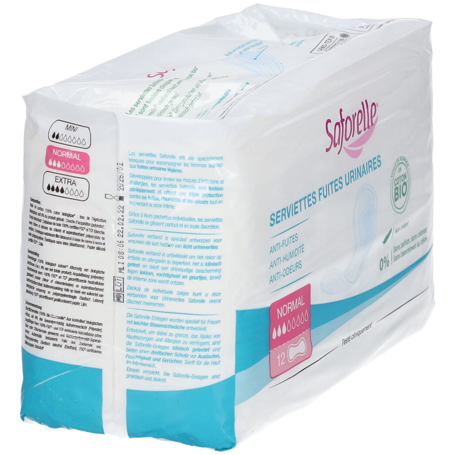 Paquet de serviettes Saforelle Fuites Urinaires BIO Normal. 12 unités. Anti-fuites, anti-humidité, anti-odeurs. Coton bio.