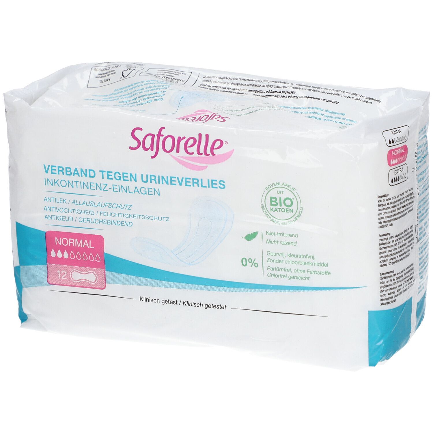 Paquet de serviettes Saforelle Fuites Urinaires BIO Normal. 12 unités. Anti-fuites, anti-humidité, anti-odeurs. Coton bio.