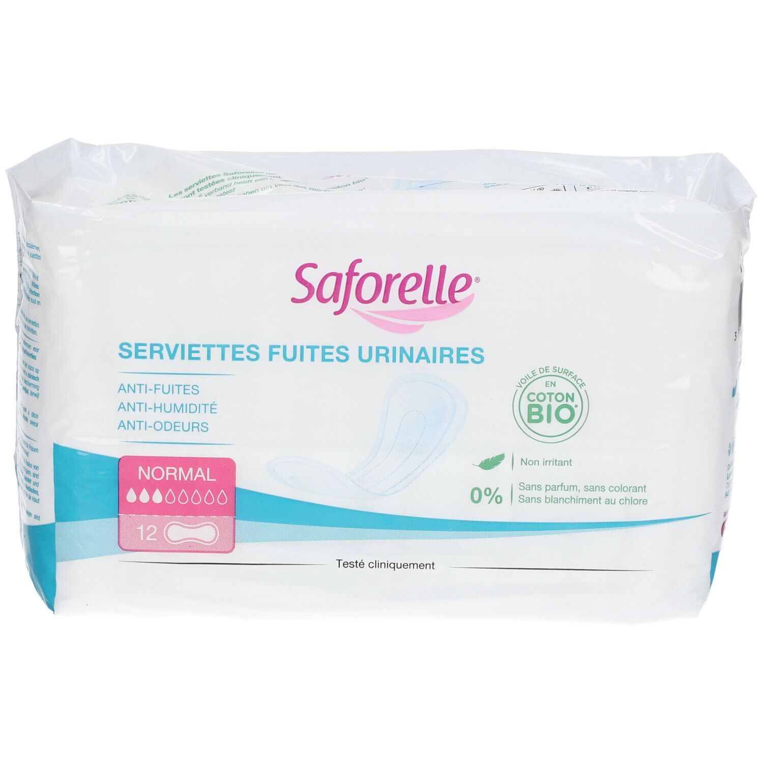 Paquet de serviettes Saforelle Fuites Urinaires BIO Normal. 12 unités. Anti-fuites, anti-humidité, anti-odeurs. Coton bio.