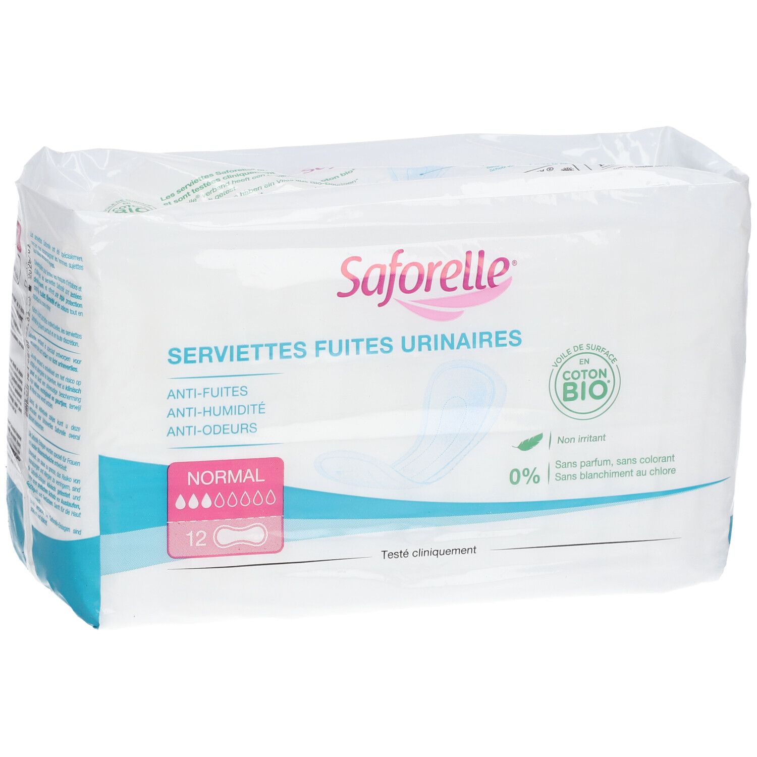 Paquet de serviettes Saforelle Fuites Urinaires BIO Normal. 12 unités. Anti-fuites, anti-humidité, anti-odeurs. Coton bio.