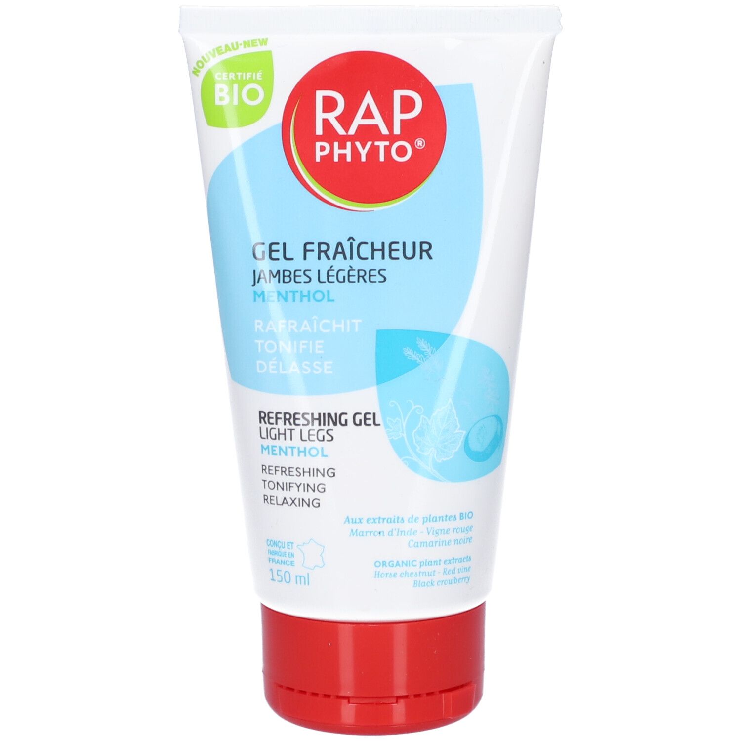 Tube blanc et rouge avec texte. Logo "Rap Phyto", "Gel Fraîcheur" et autres mentions. Certifications.