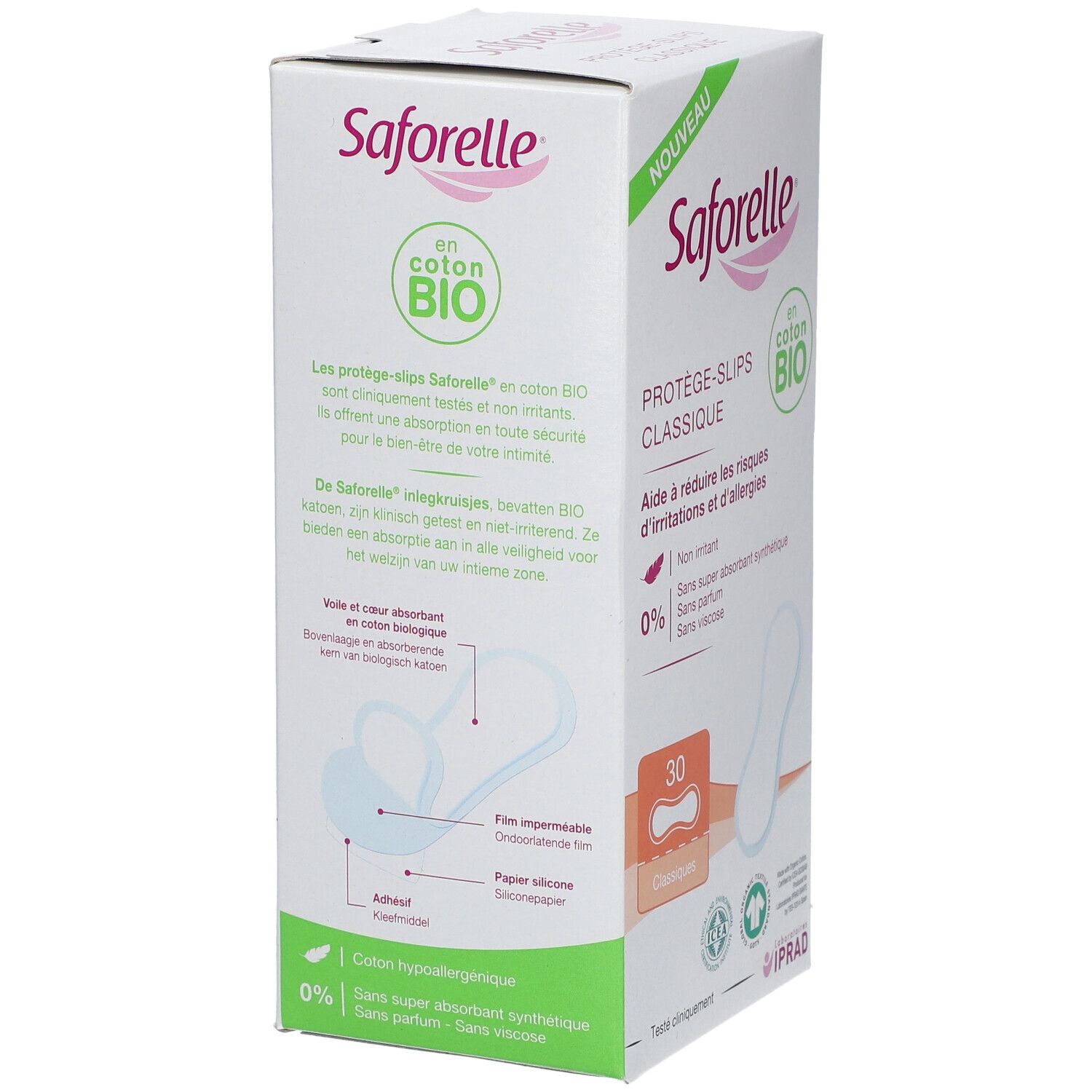Verpakking Saforelle Protège-Slip Classique BIO. Productillustratie en ingrediënten. Biologisch katoen.