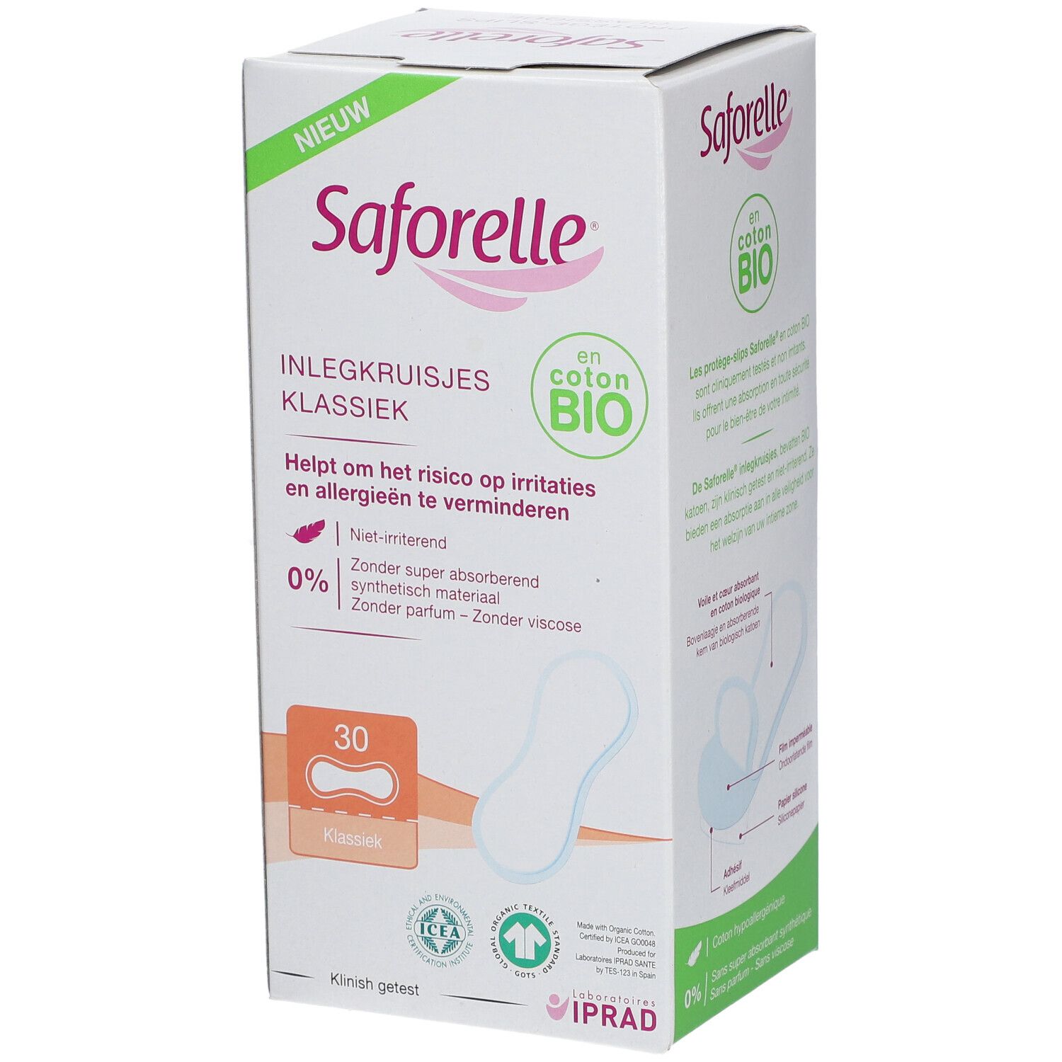 Verpakking Saforelle Inlegkruisjes Classiek. 30 stuks. Biologisch katoen. Helpt irritatie en allergie te verminderen.