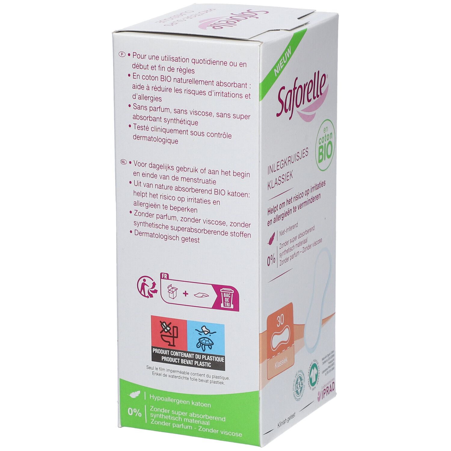 Verpakking Saforelle Inlegkruisjes Classiek. Productinformatie en instructies. Biologisch katoen.