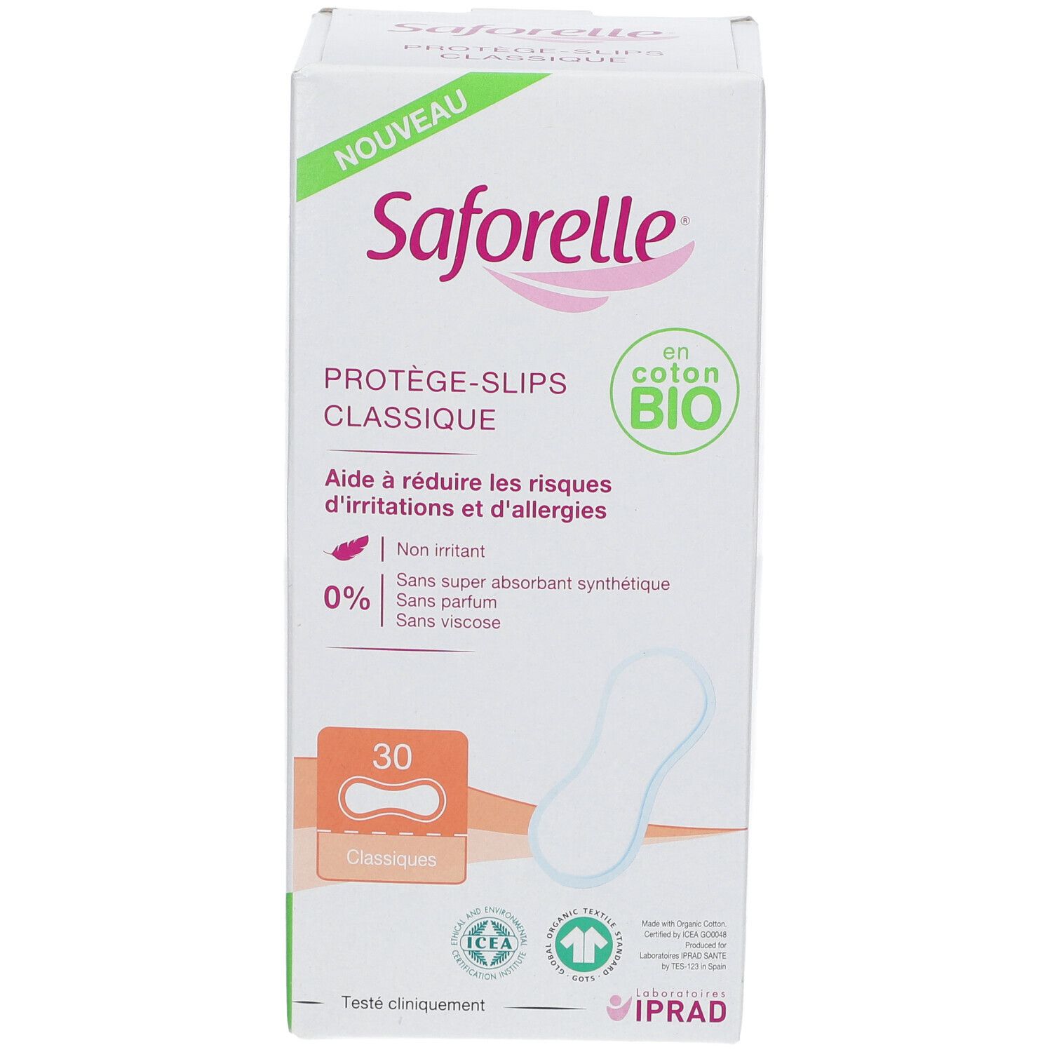 Verpakking Saforelle Protège-Slip Classique BIO. 30 stuks. Biologisch katoen. Helpt irritatie en allergie te verminderen.