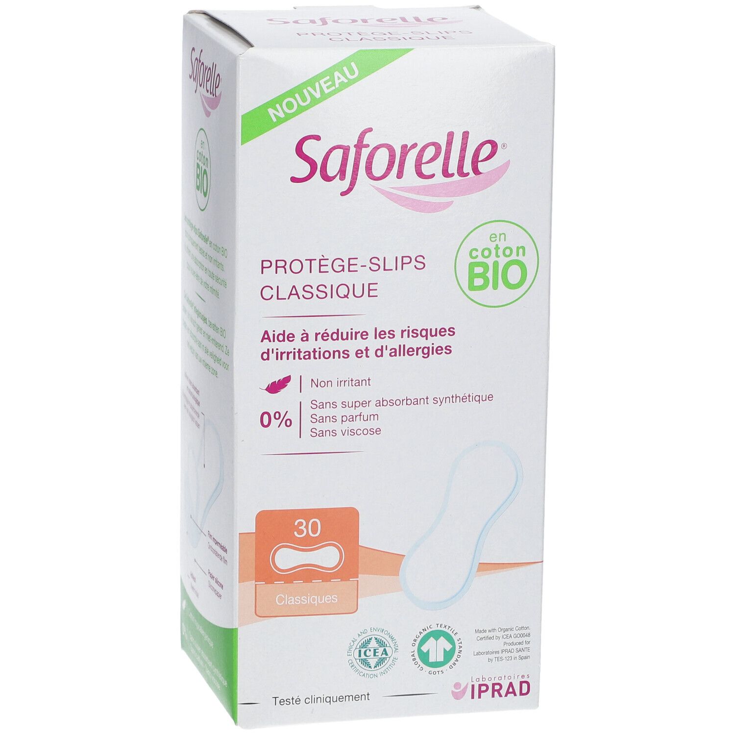 Verpakking Saforelle Protège-Slip Classique BIO. 30 stuks. Biologisch katoen. Helpt irritatie en allergie te verminderen.