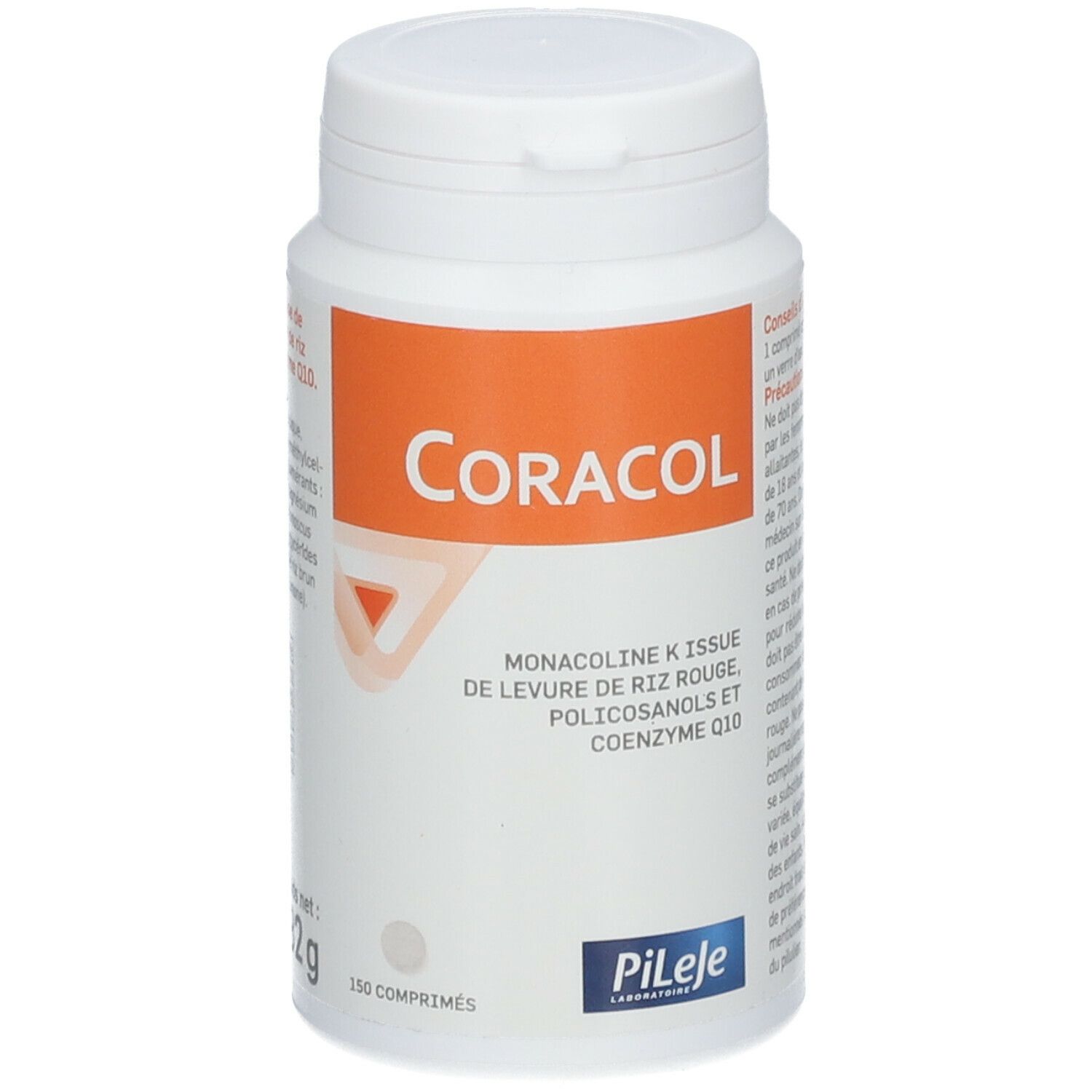 Flacon blanc avec étiquette orange. Inscription: Coracol, Monacoline K, Coenzyme Q10. Contient 150 comprimés.