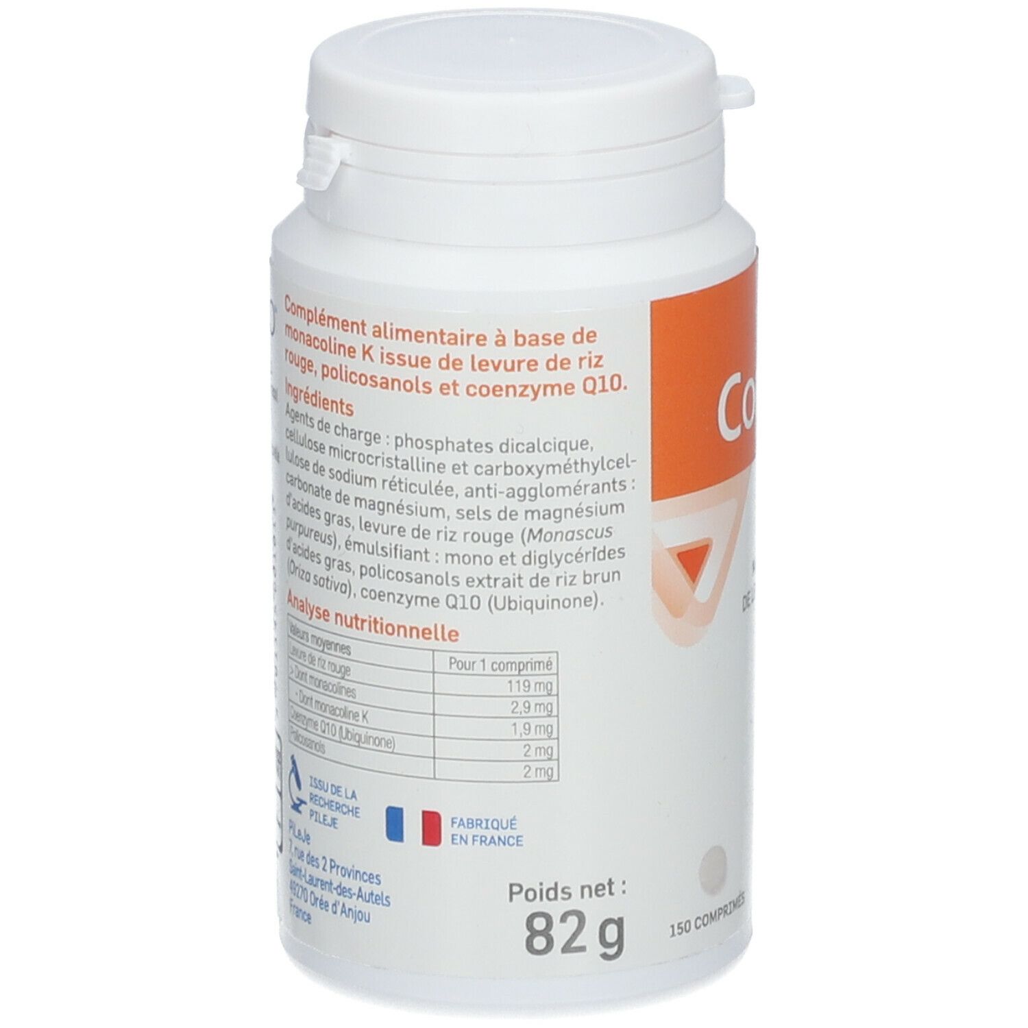 Dos du flacon. Informations sur les ingrédients, valeurs nutritionnelles et origine. Poids net: 82g.