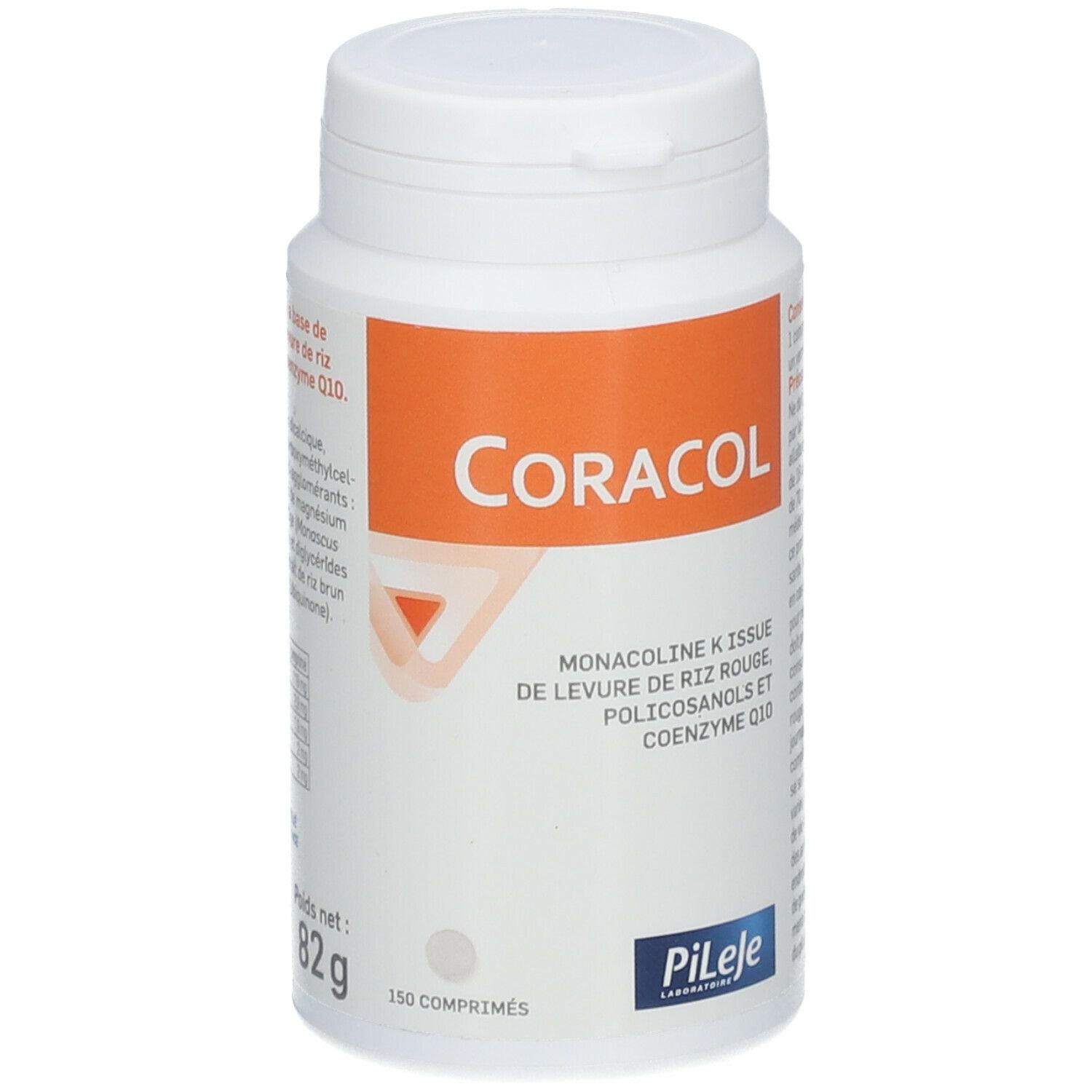 Flacon blanc avec étiquette orange. Inscription: Coracol, Monacoline K, Coenzyme Q10. Contient 150 comprimés.