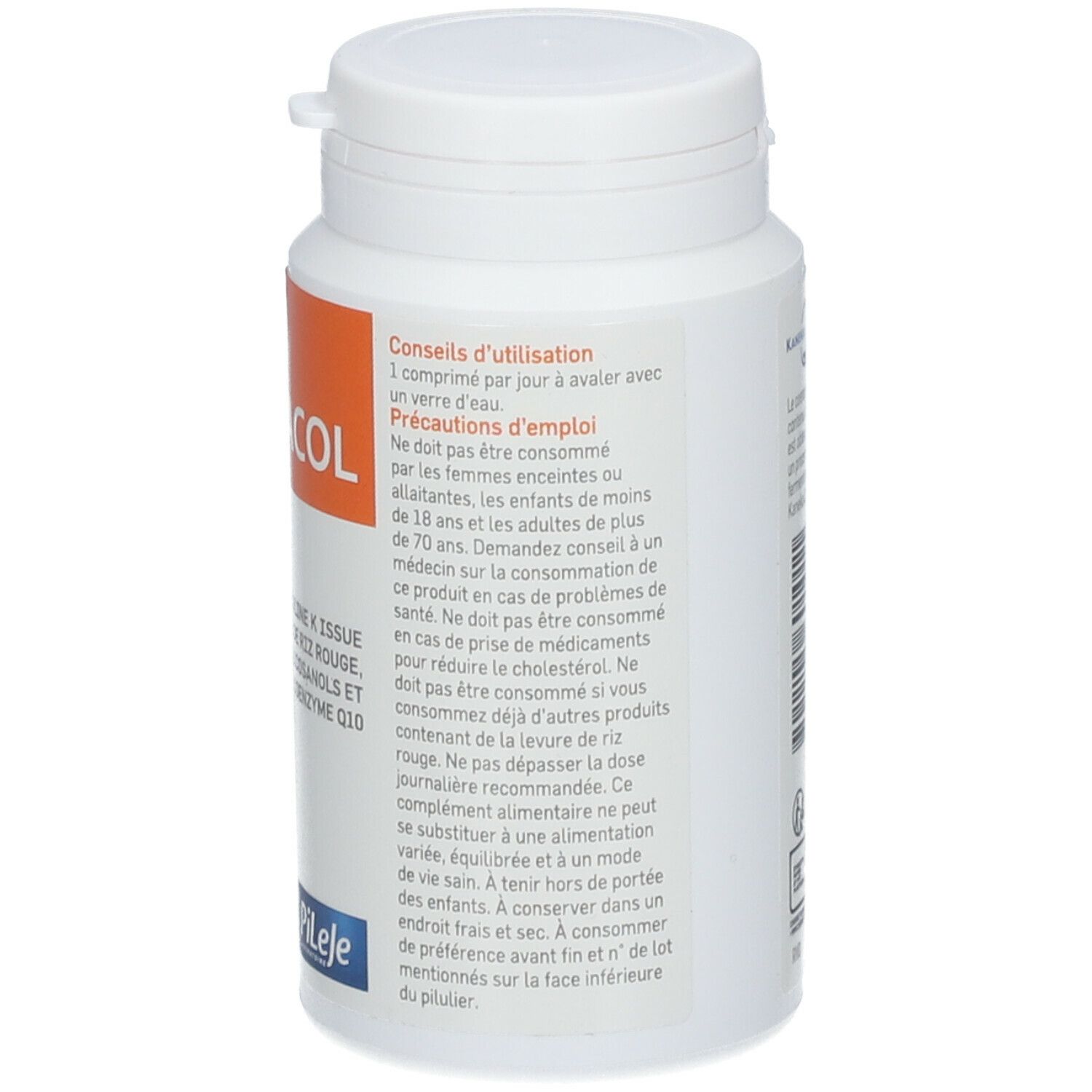 Flacon avec informations d'utilisation et précautions. Contient des instructions de dosage et de conservation.