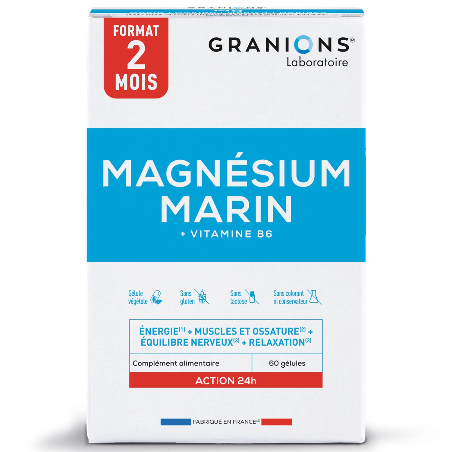 Schachtel mit Granions Magnesium Marin, 60 Kapseln. Blaue und weiße Verpackung mit Produktnamen und Logo.
