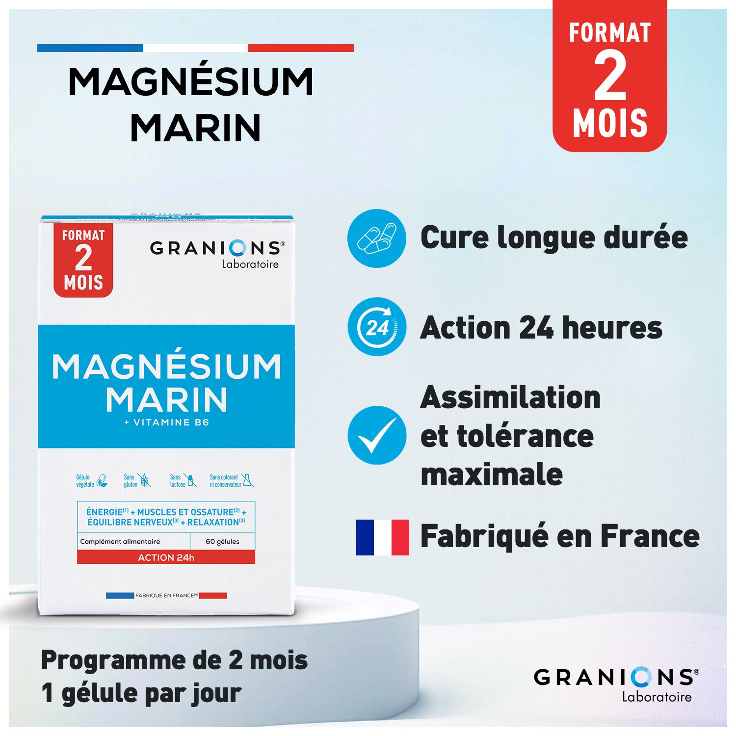 Produktverpackung von Granions Magnesium Marin. Enthält Informationen zu Inhaltsstoffen und Anwendung. 60 Kapseln.