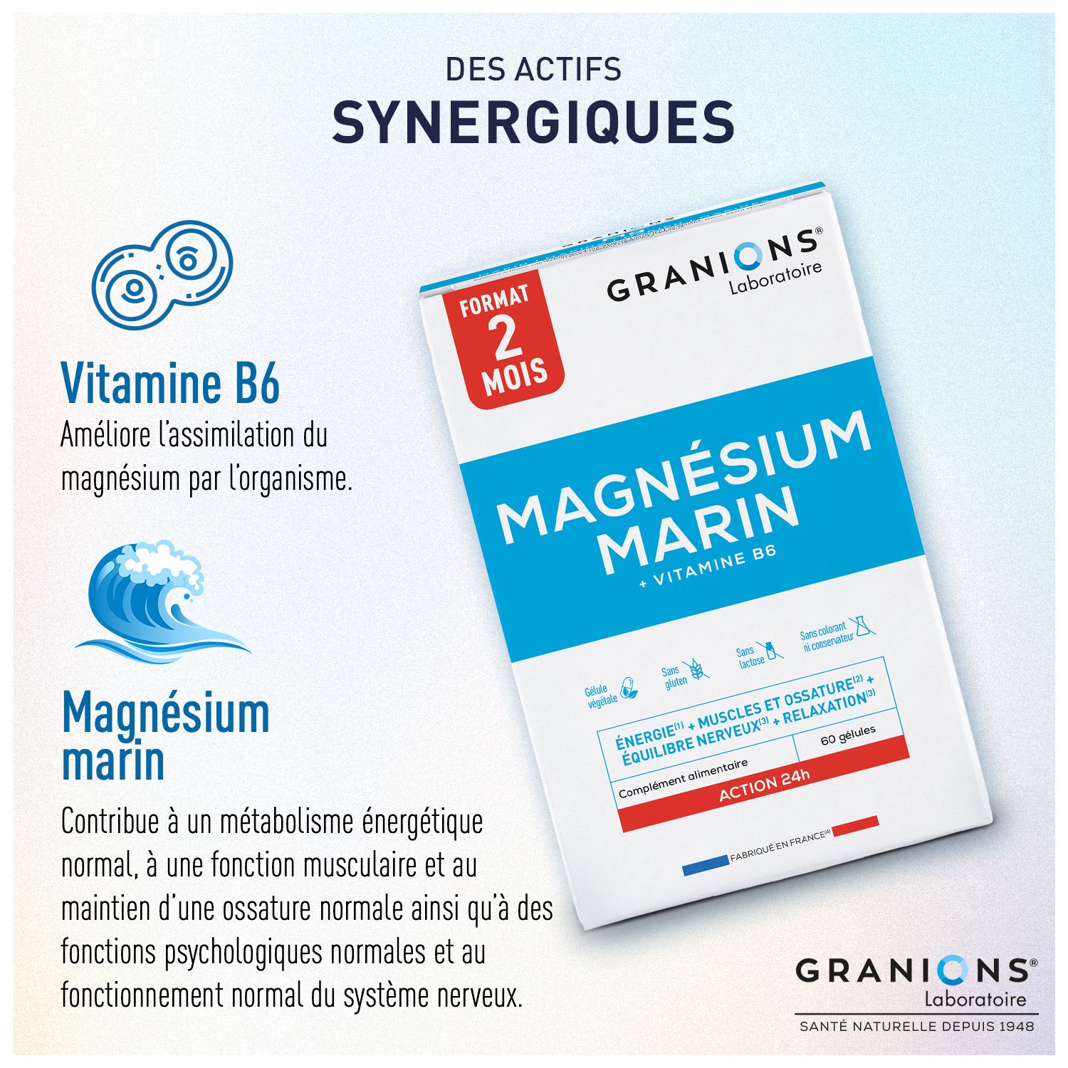 Produktverpackung von Granions Magnesium Marin. Enthält Informationen zu Inhaltsstoffen und Anwendung. 60 Kapseln.