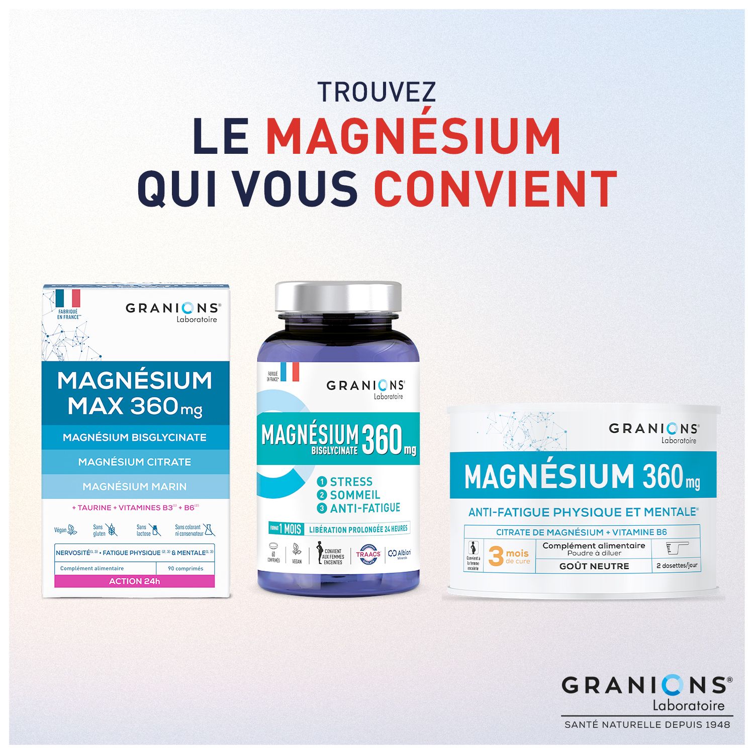 Drei Granions Magnesium-Produkte. Links: Max 360mg. Mitte: Magnesium 360. Rechts: Magnesium 360, Pulver.