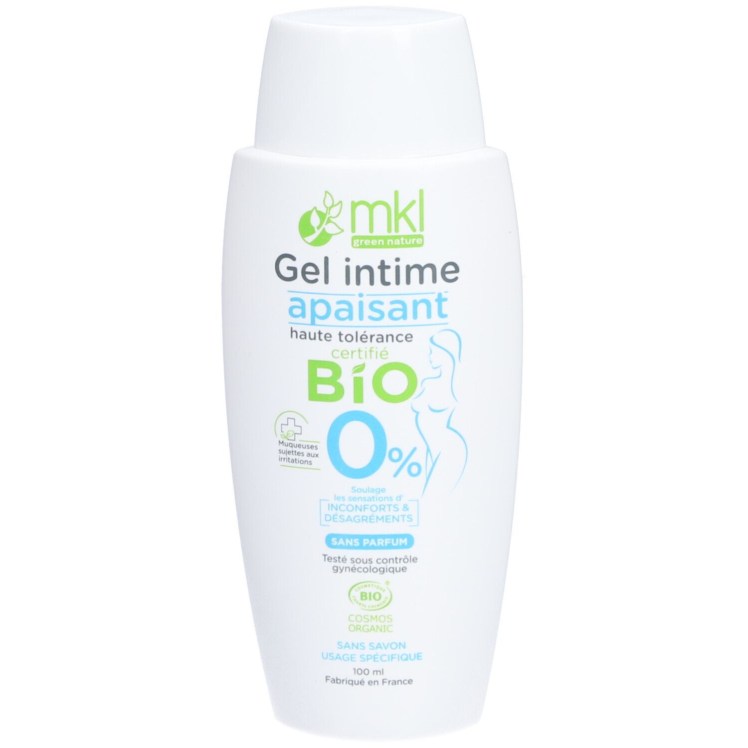 Flacon blanc avec étiquette verte et bleue. Inscription: Gel intime apaisant, Bio 0%.