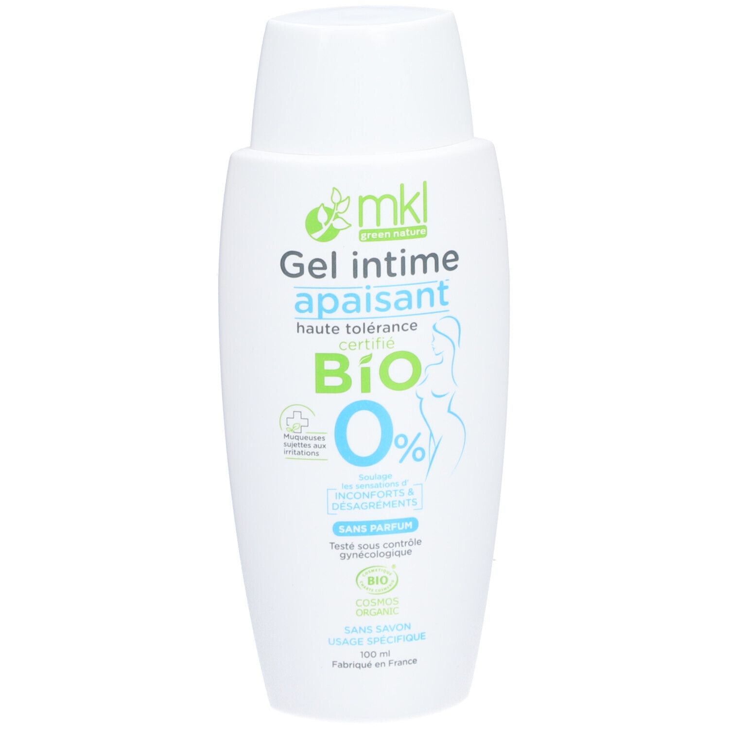 Flacon blanc avec étiquette verte et bleue. Inscription: Gel intime apaisant, Bio 0%.