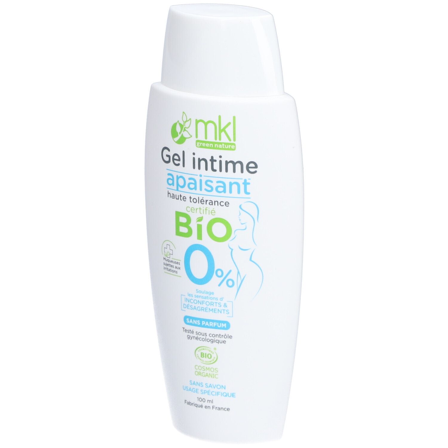 Flacon blanc avec étiquette verte et bleue. Inscription: Gel intime apaisant, Bio 0%.