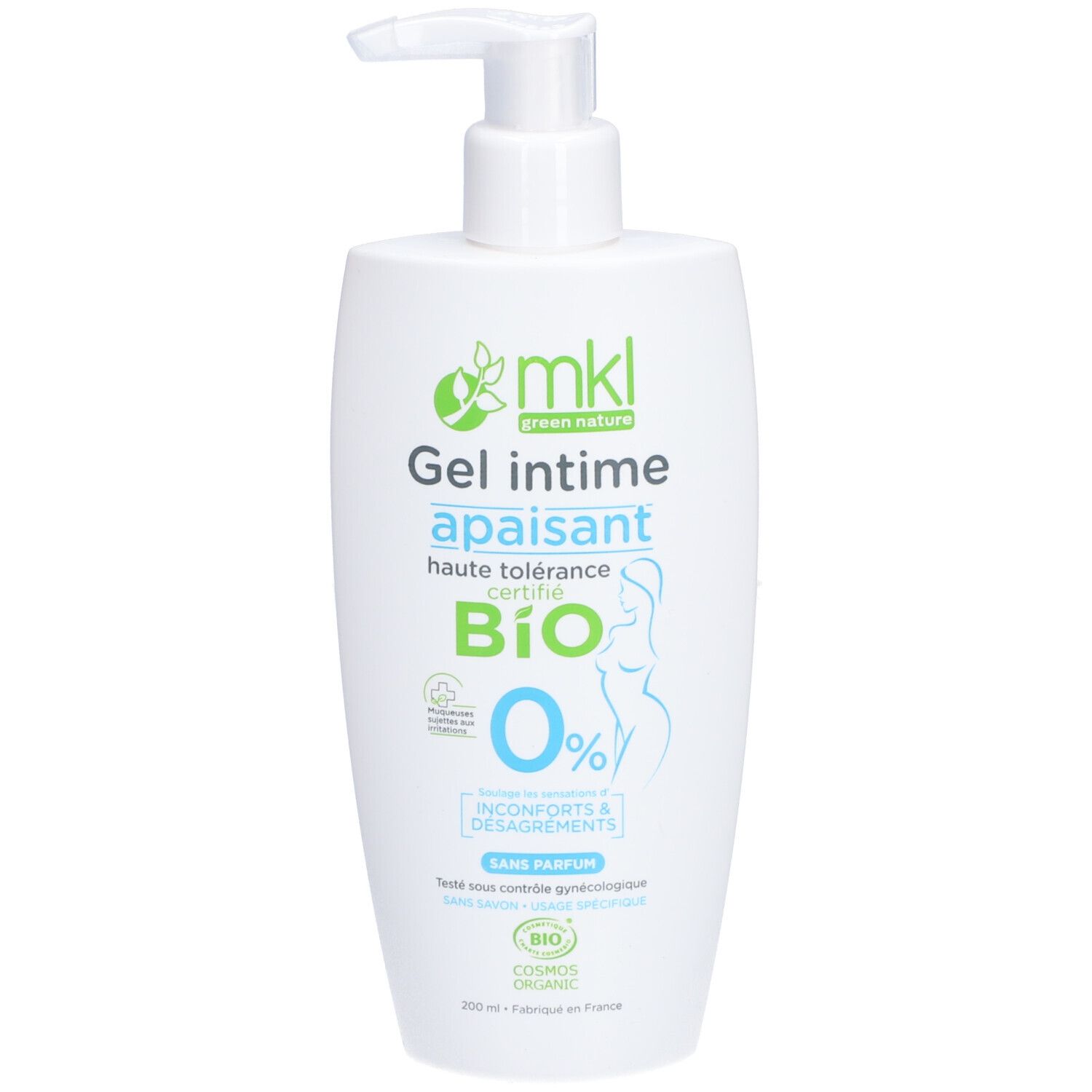 Witte fles met pomp. Opschrift Gel intime apaisant, BIO-certificering. Groene en blauwe accenten. Vrouwenfiguur.