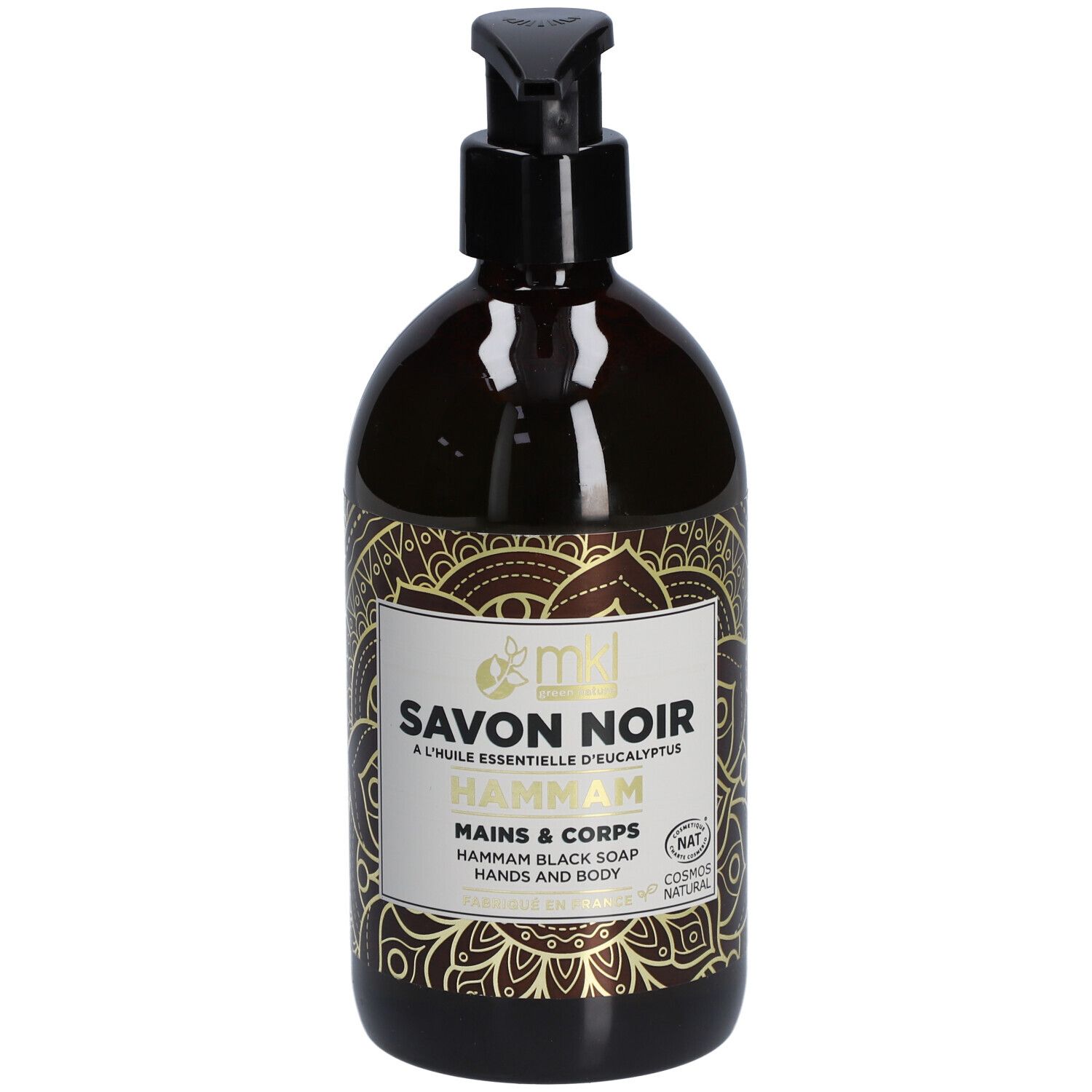 Bruine fles met zwarte pomp. Gouden etiket met tekst: Savon Noir Hammam, Mains & Corps. Cosmos Natural gecertificeerd.