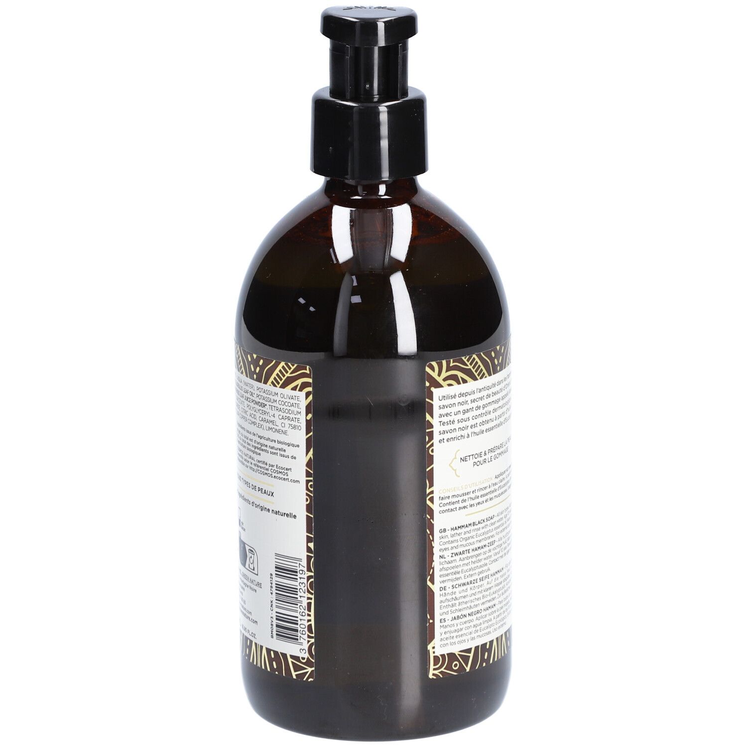Bruine fles met zwarte pomp. Achterkant met tekst en ingrediënten. Etiket met tekst en gouden patroon.