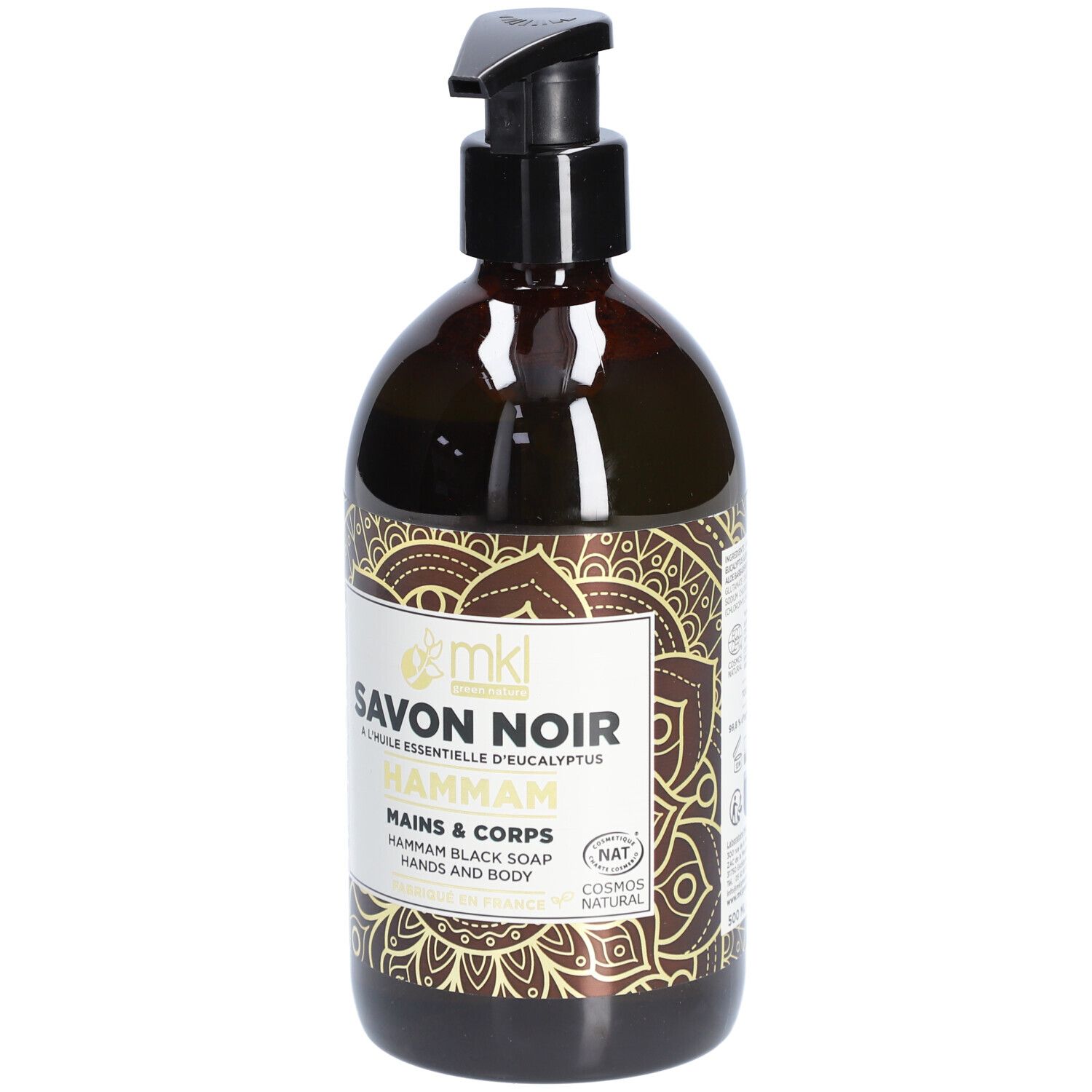 Bruine fles met zwarte pomp. Gouden etiket met tekst: Savon Noir Hammam, Mains & Corps. Cosmos Natural gecertificeerd.