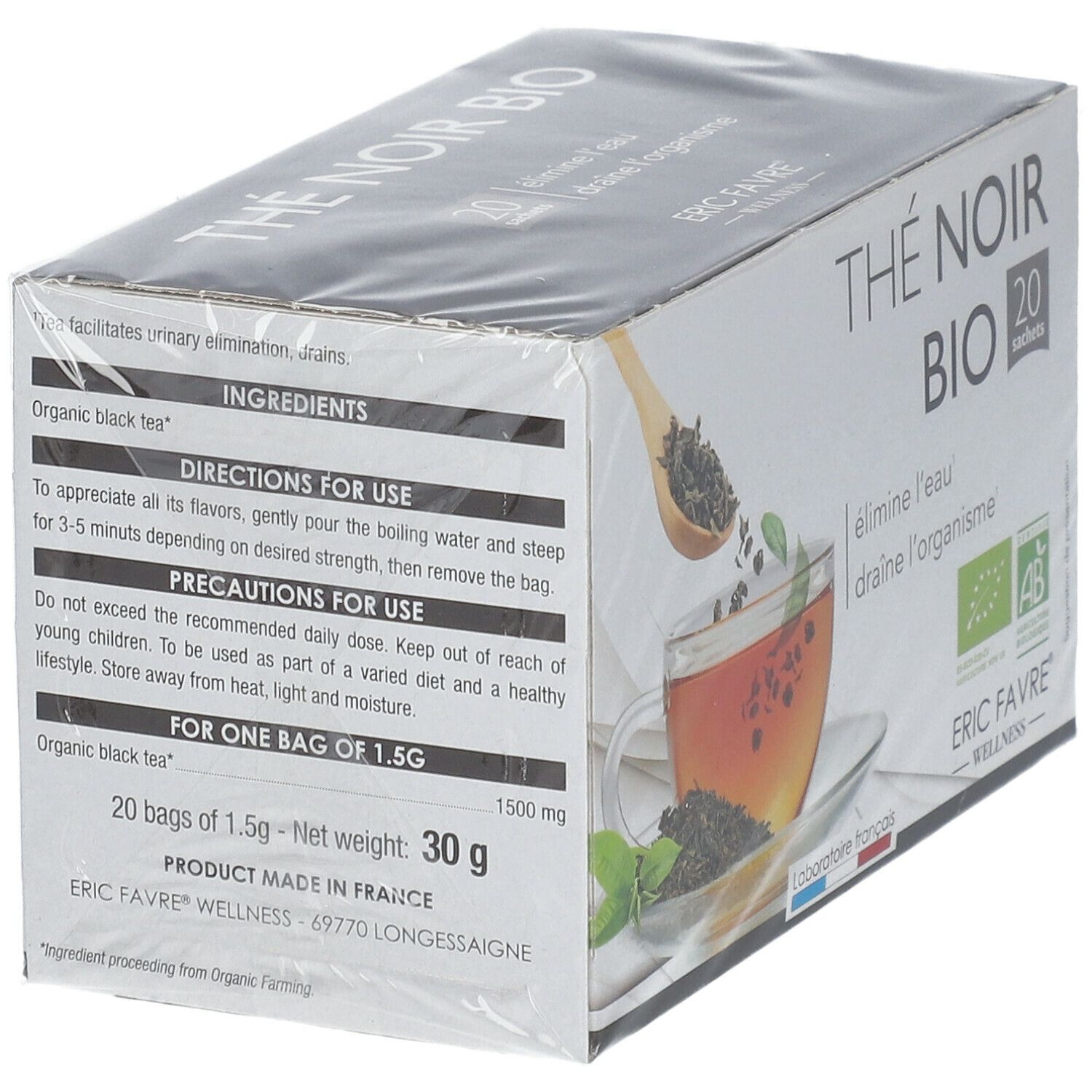 Boîte de thé noir bio, 20 sachets. Ingrédients, mode d'emploi. Inscription: Thé Noir Bio. Marque: ERIC FAVRE®.