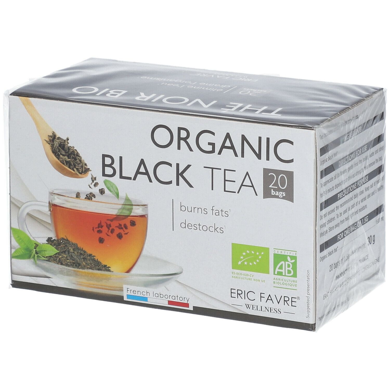 Boîte de thé noir bio, 20 sachets. Inscription: Organic Black Tea. Logo AB. Marque: ERIC FAVRE®.