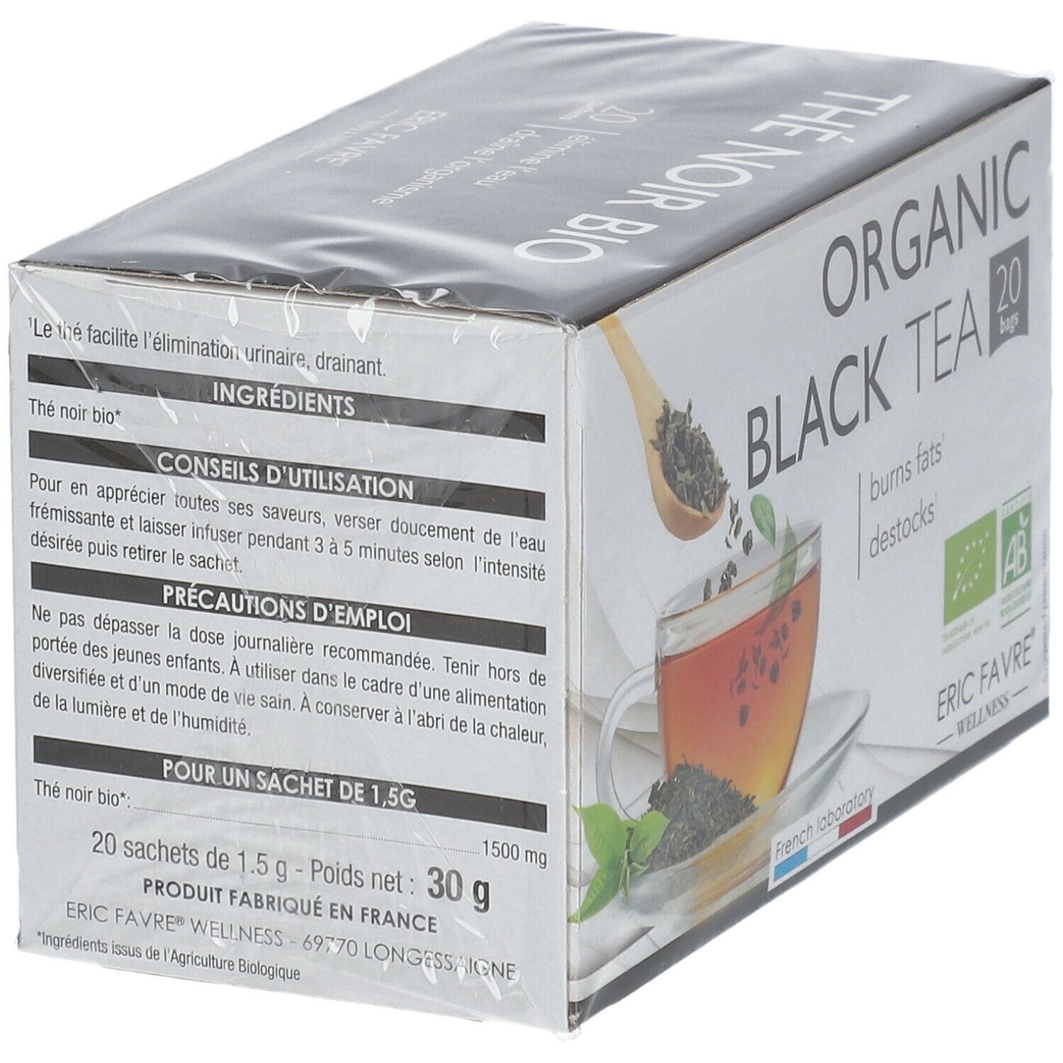 Boîte de thé noir bio, 20 sachets. Ingrédients, mode d'emploi. Inscription: Organic Black Tea. Marque: ERIC FAVRE®.