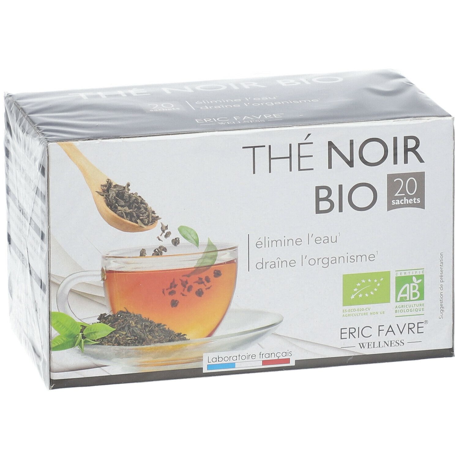 Boîte de thé noir bio, 20 sachets. Logo AB. Inscription: Thé Noir Bio. Marque: ERIC FAVRE®.