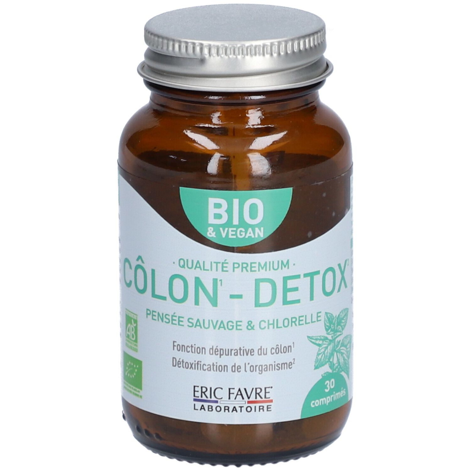 Braune Glasflasche mit silbernem Deckel. Weißes Etikett mit grünen Akzenten. Aufschrift: BIO & VEGAN, COLON-DETOX, 30 comprimés. Marke: ERIC FAVRE.