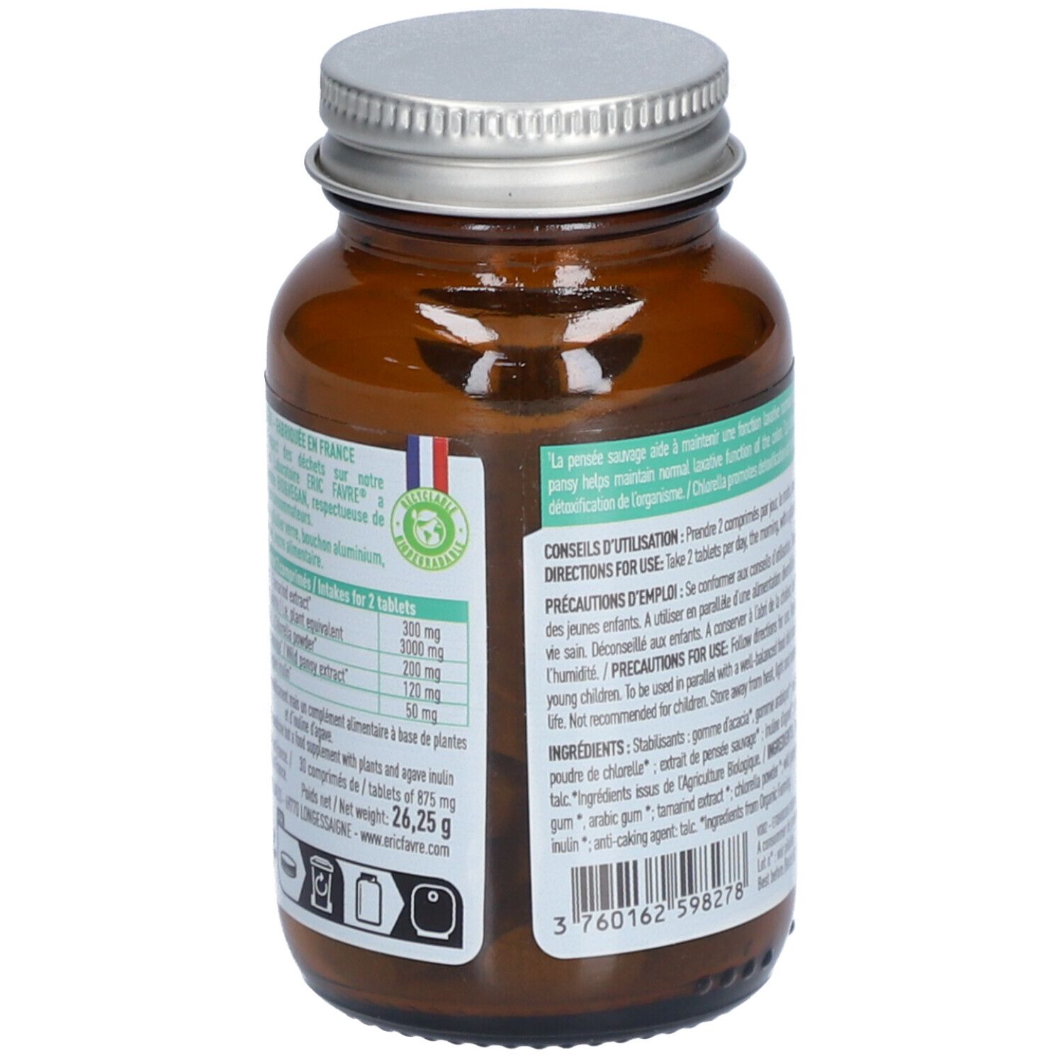 Rückseite einer braunen Glasflasche mit silbernem Deckel. Weißes Etikett mit Text und Inhaltsstoffen. Aufschrift: 30 comprimés, Made in France. Barcode.