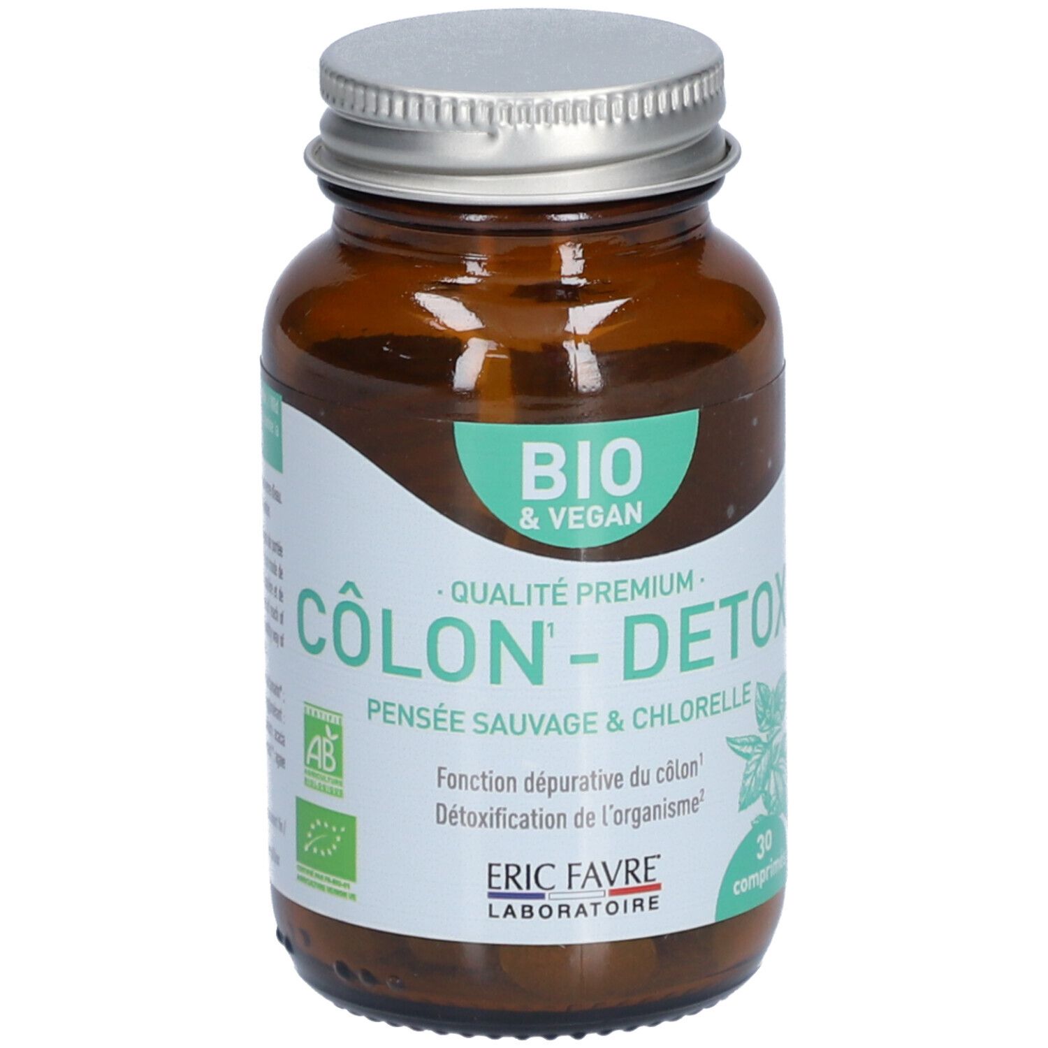 Braune Glasflasche mit silbernem Deckel. Weißes Etikett mit grünen Akzenten. Aufschrift: BIO & VEGAN, COLON-DETOX, 30 comprimés. Marke: ERIC FAVRE.