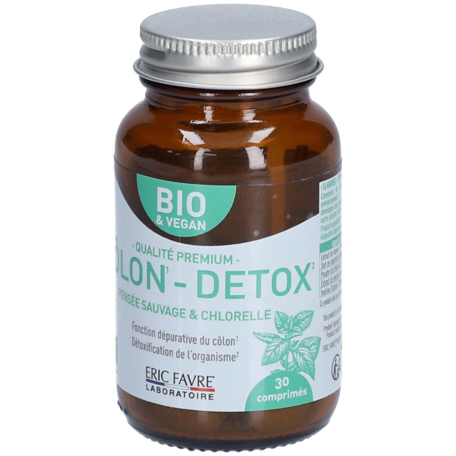 Braune Glasflasche mit silbernem Deckel. Weißes Etikett mit grünen Akzenten. Aufschrift: BIO & VEGAN, COLON-DETOX, 30 comprimés. Marke: ERIC FAVRE.