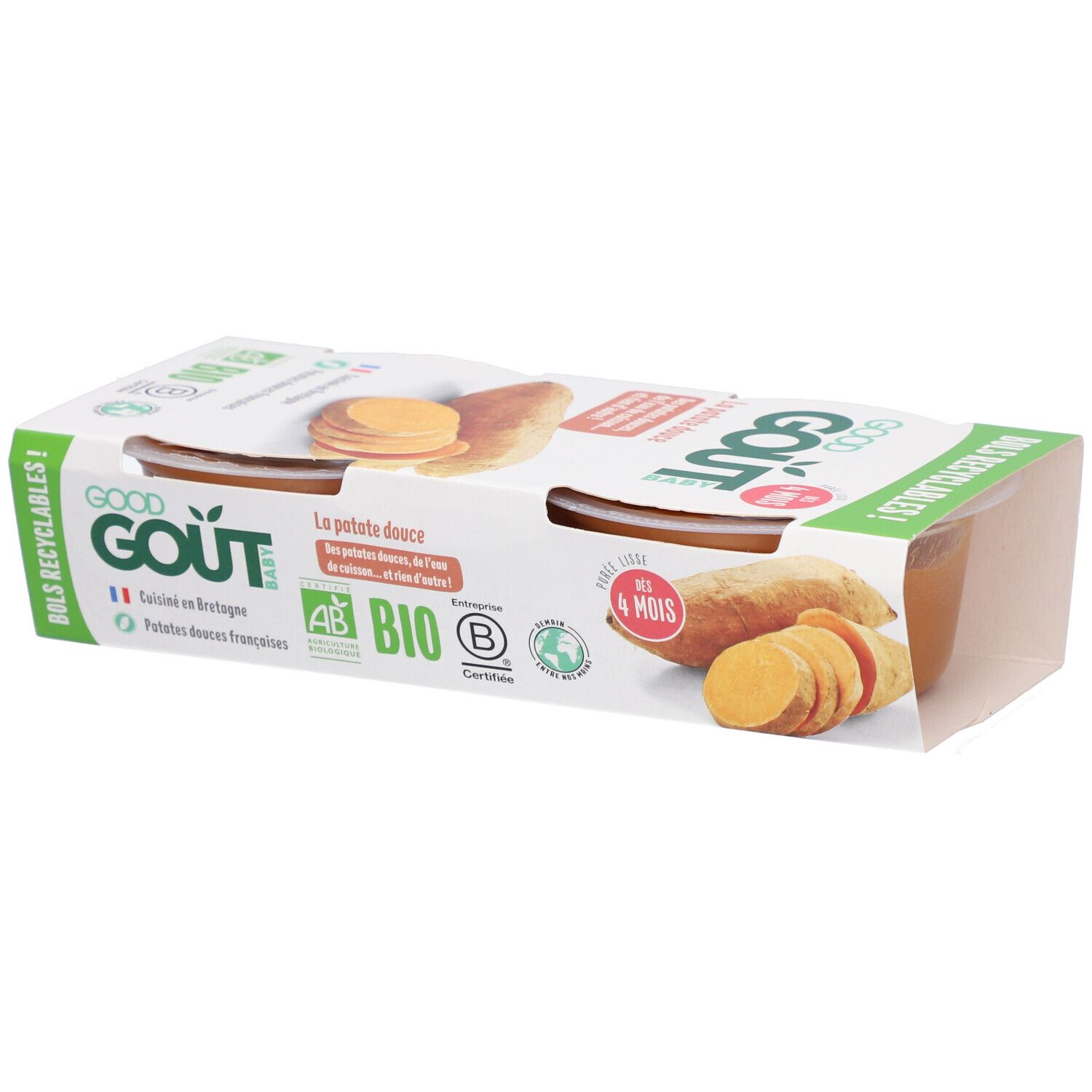 Emballage de deux pots. Inscription: GOOD GOUT, La patate douce. Certification bio. Dès 4 mois.