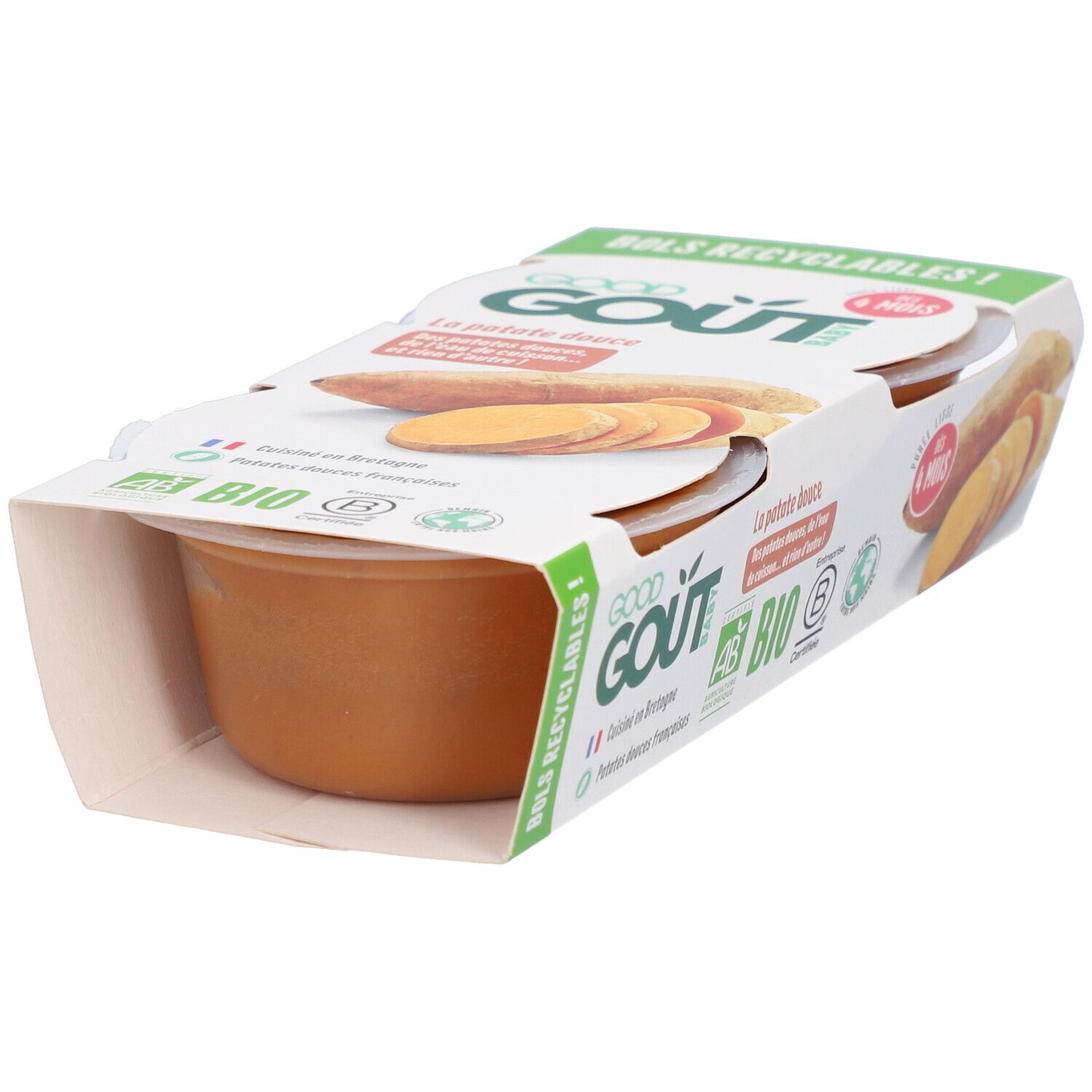 Emballage ouvert avec un pot. Inscription: GOOD GOUT, La patate douce. Certification bio. Dès 4 mois.