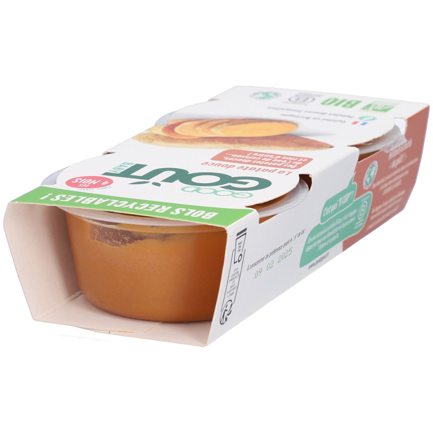 Emballage ouvert avec un pot. Inscription: GOOD GOUT, La patate douce. Certification bio. Dès 4 mois.