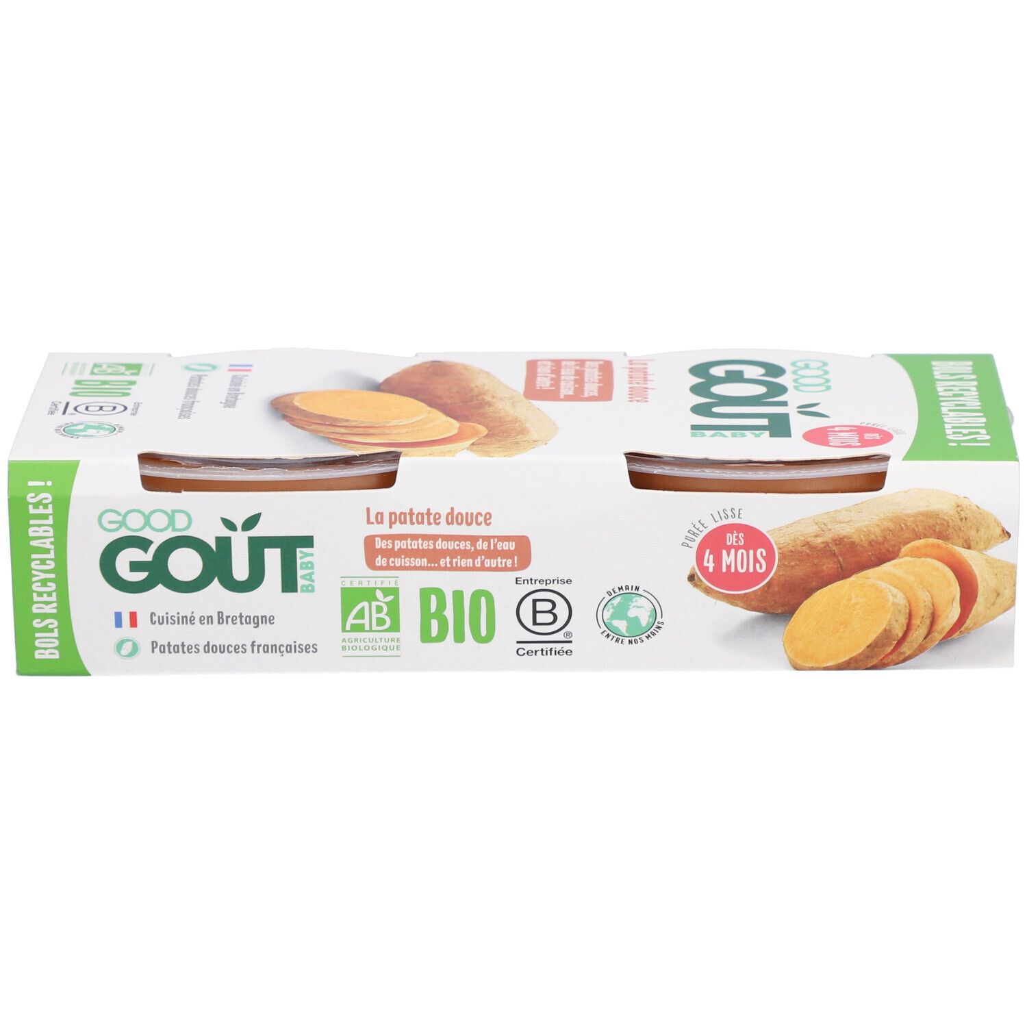 Emballage de deux pots. Inscription: GOOD GOUT, La patate douce. Certification bio. Dès 4 mois.