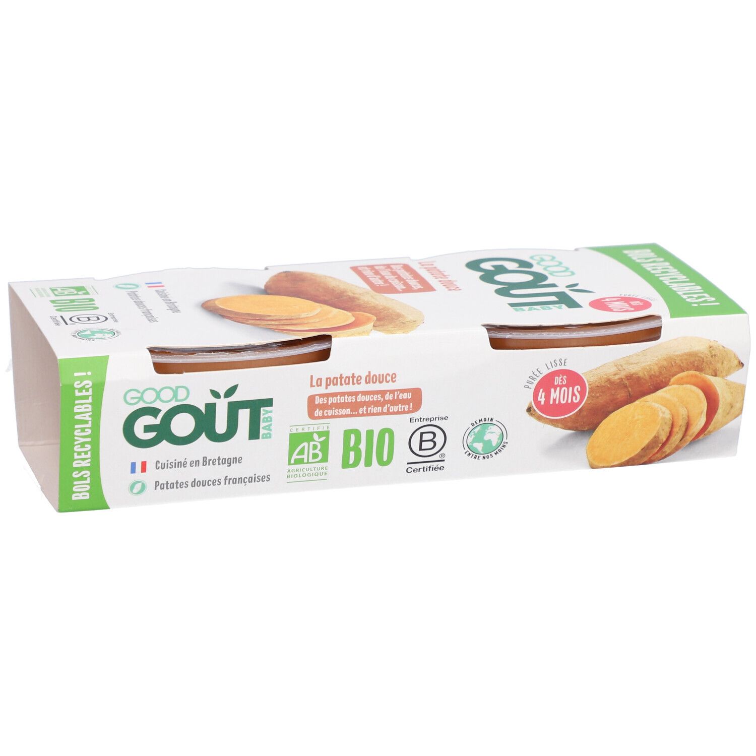 Emballage de deux pots. Inscription: GOOD GOUT, La patate douce. Certification bio. Dès 4 mois.