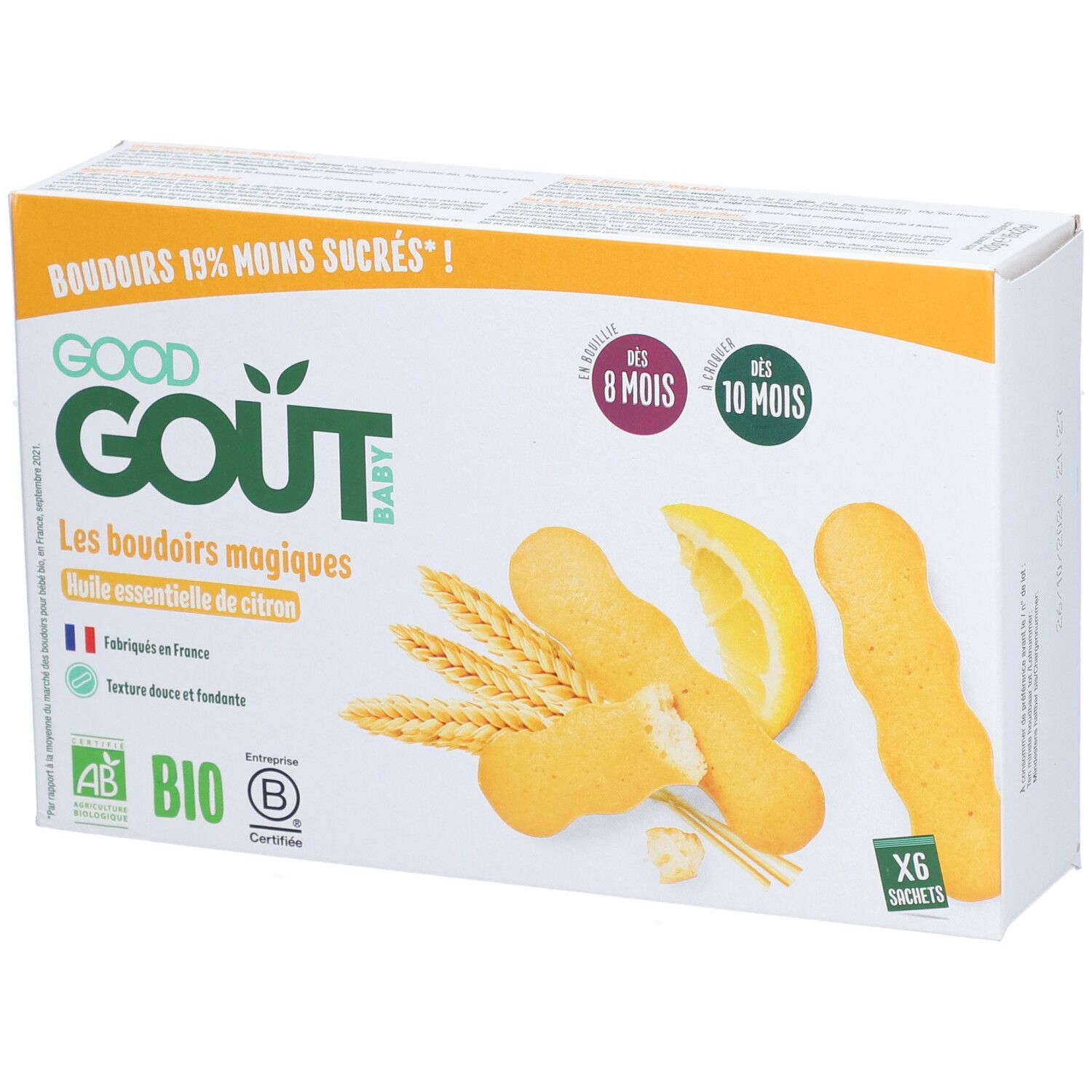 Boîte de Good Goût Baby Boudoirs à l'huile essentielle de citron. Certifié bio. 6 sachets.