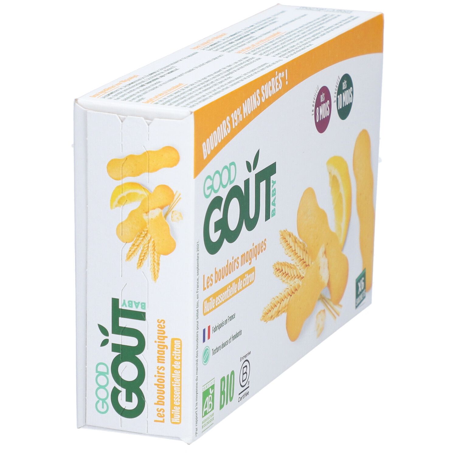 Vue en biais de la boîte Good Goût Baby Boudoirs. Huile essentielle de citron. Certifié bio. 6 sachets.