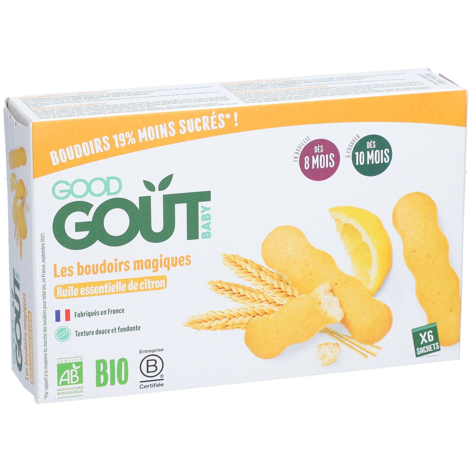 Boîte de Good Goût Baby Boudoirs à l'huile essentielle de citron. Certifié bio. 6 sachets.