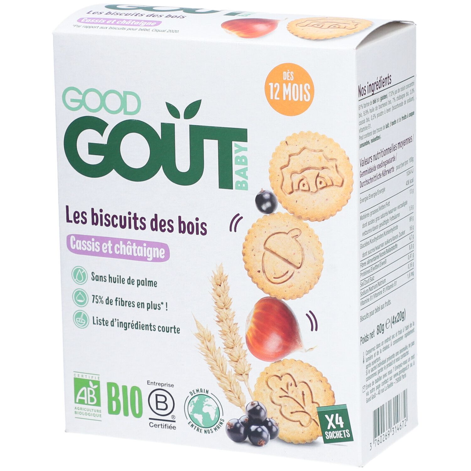Boîte de biscuits Good Goût Les Biscuits des Bois. Inscription: Cassis et châtaigne, label bio, 4 sachets.