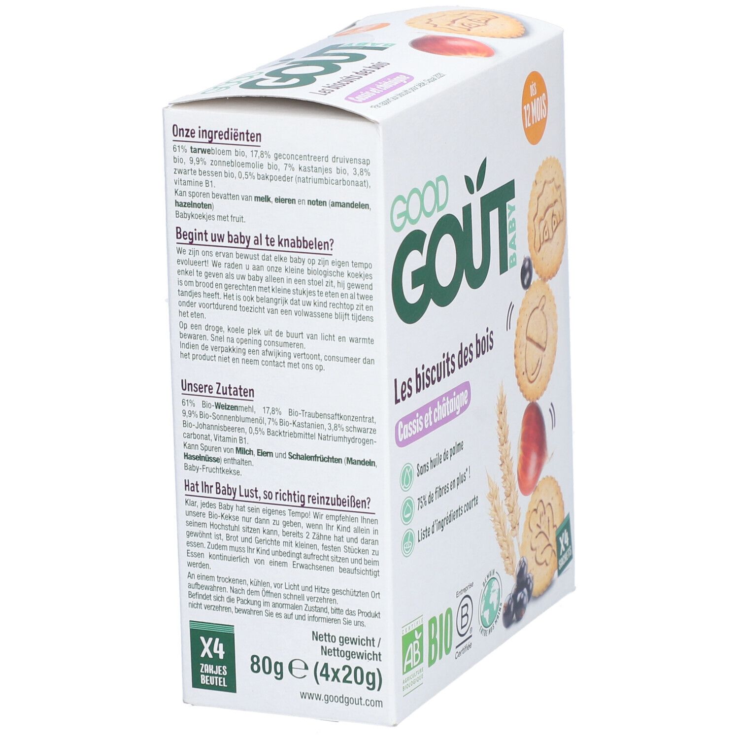 Dos de la boîte de Good Goût Les Biscuits des Bois. Texte en allemand et français, label bio.