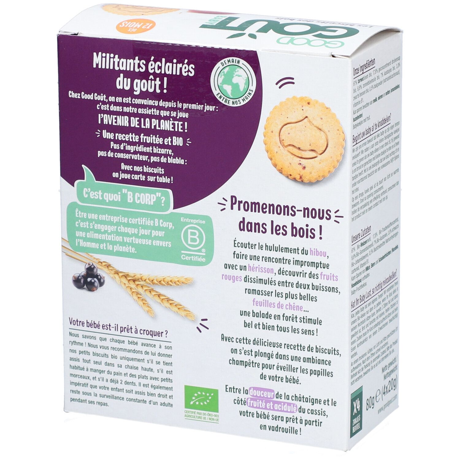 Côté de la boîte de Good Goût Les Biscuits des Bois. Texte en français, label bio, certification B Corp.