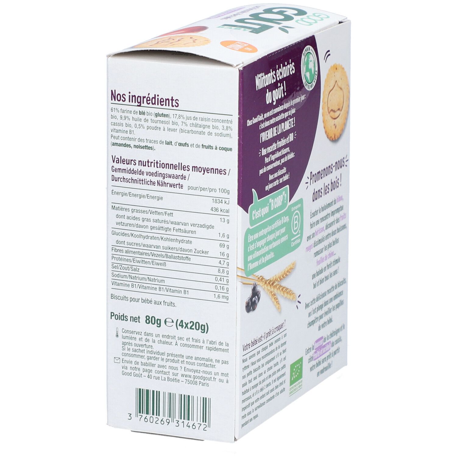 Côté de la boîte de Good Goût Les Biscuits des Bois. Texte en français, informations nutritionnelles, label bio.