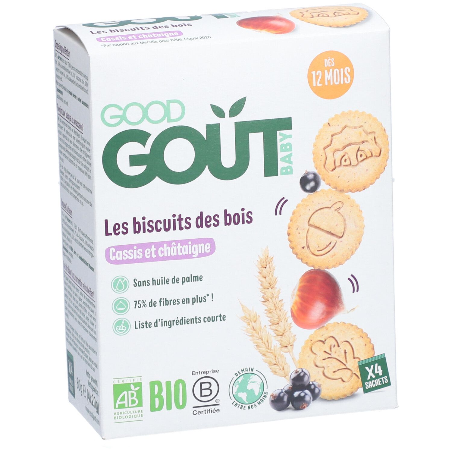 Boîte de biscuits Good Goût Les Biscuits des Bois. Inscription: Cassis et châtaigne, label bio, 4 sachets.