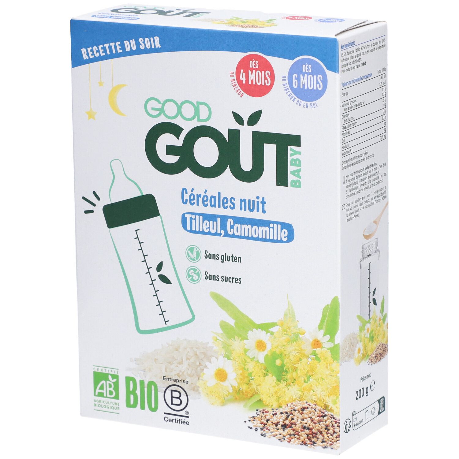 Verpakking van GOOD GOUT BABY Céréales nuit. Bevat kamille en lindebloesem. Biologisch gecertificeerd. Glutenvrij en suikervrij.