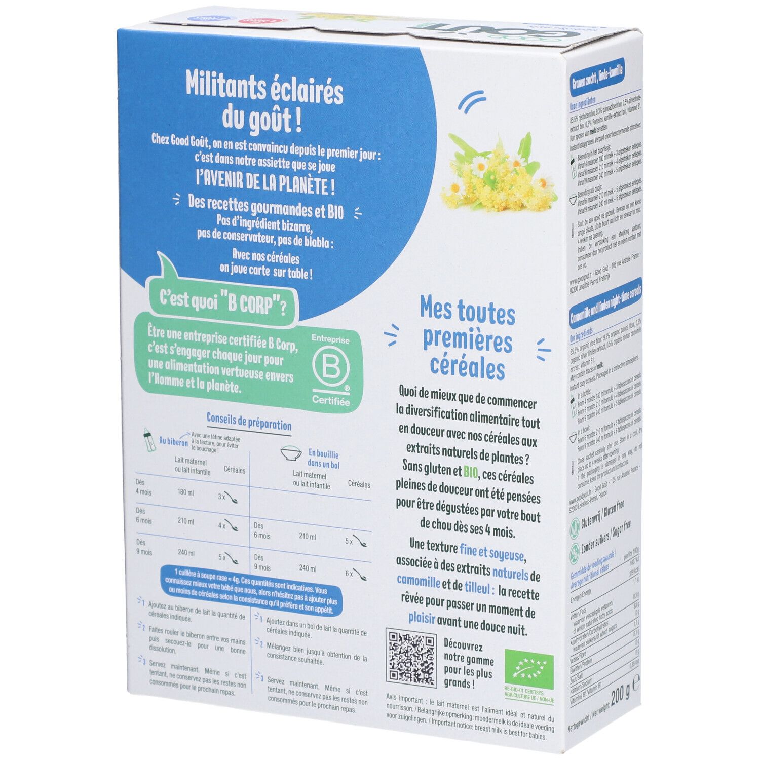 Achterkant van de verpakking van GOOD GOUT BABY Céréales nuit. Informatie over het product en bereidingsinstructies.