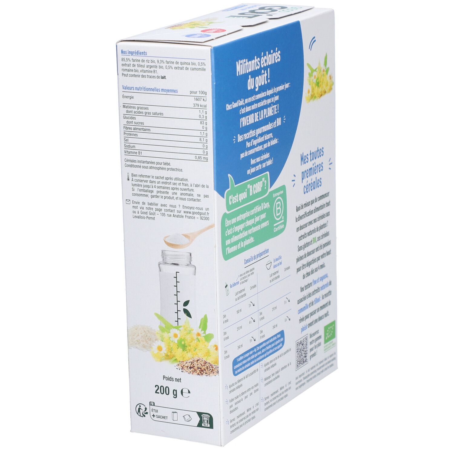 Zijkant van de verpakking GOOD GOUT BABY Céréales nuit. Voedingswaarde en ingrediëntenlijst. Biologisch.