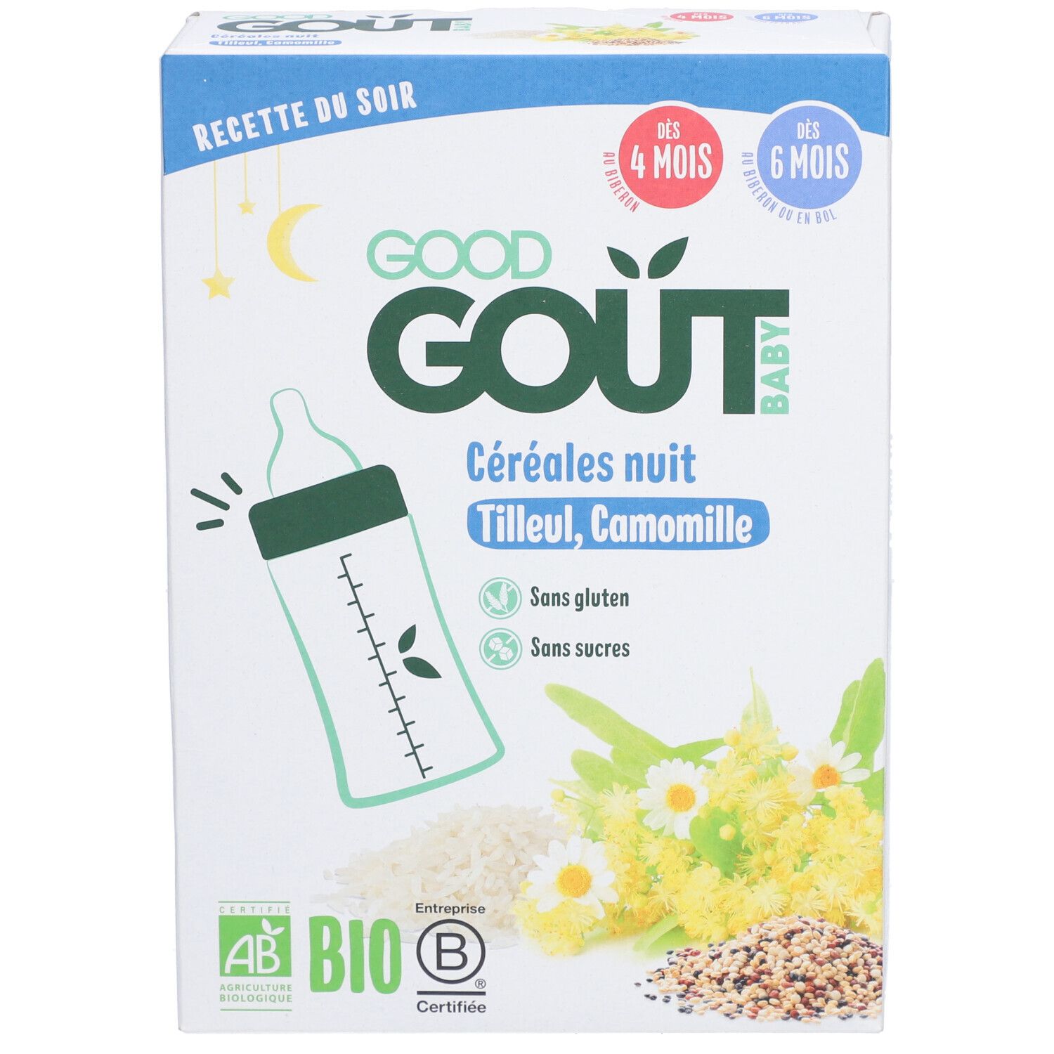 Verpakking van GOOD GOUT BABY Céréales nuit. Bevat kamille en lindebloesem. Biologisch gecertificeerd. Glutenvrij en suikervrij.
